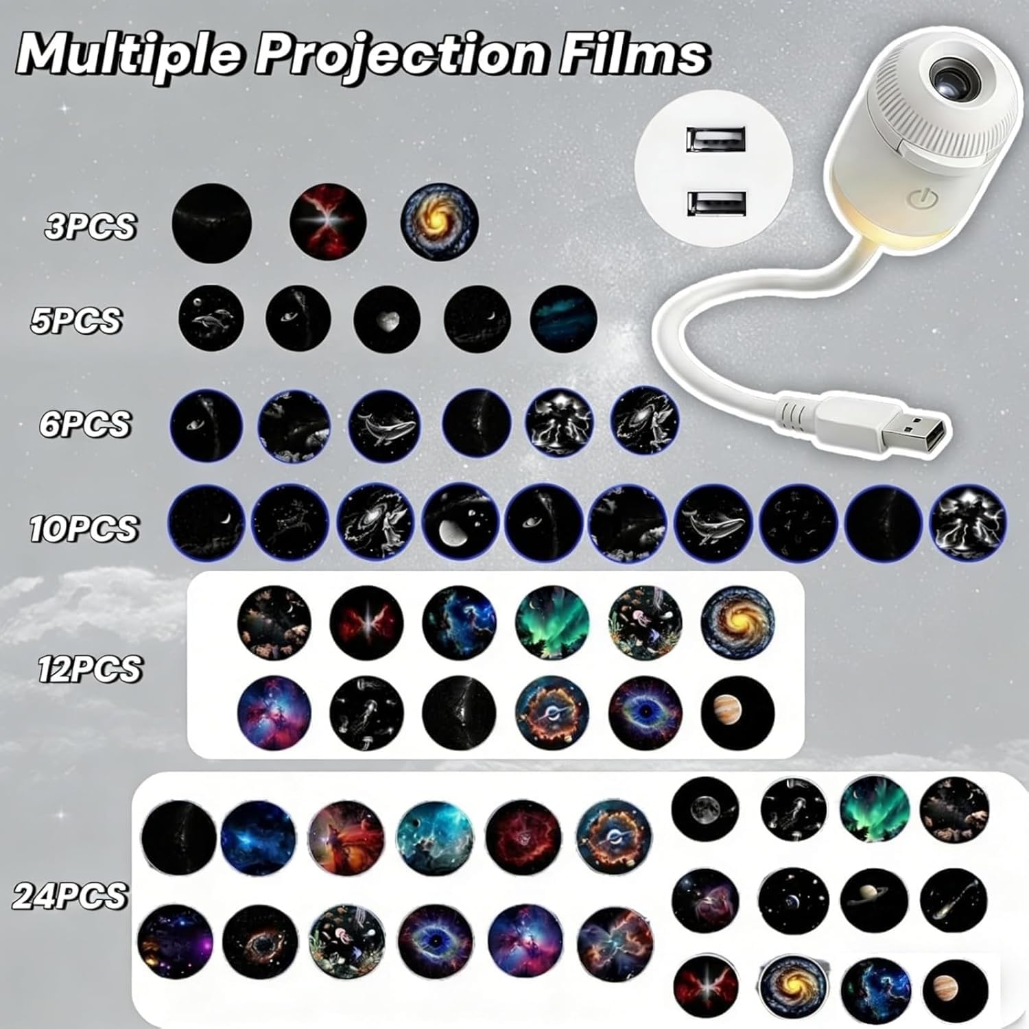 2-in-1 Galaxy Projector Night Light, Multifunctional Portable Starry Sky Night Light Projector with HD Films, 360° Rotating USB Powered, Adjustable Brightness for Car and Bedroom Decoration (12pcs)