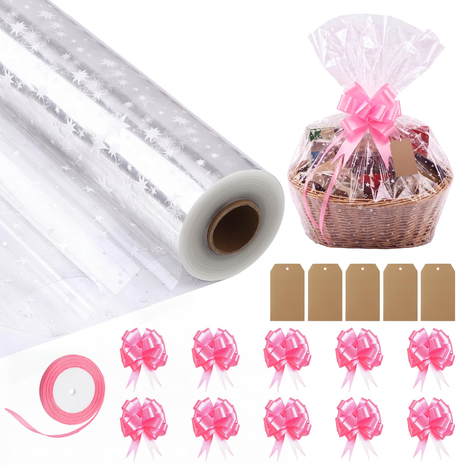 45m x 80cm Cellophane Wrap Set for Hampers Star Pattern