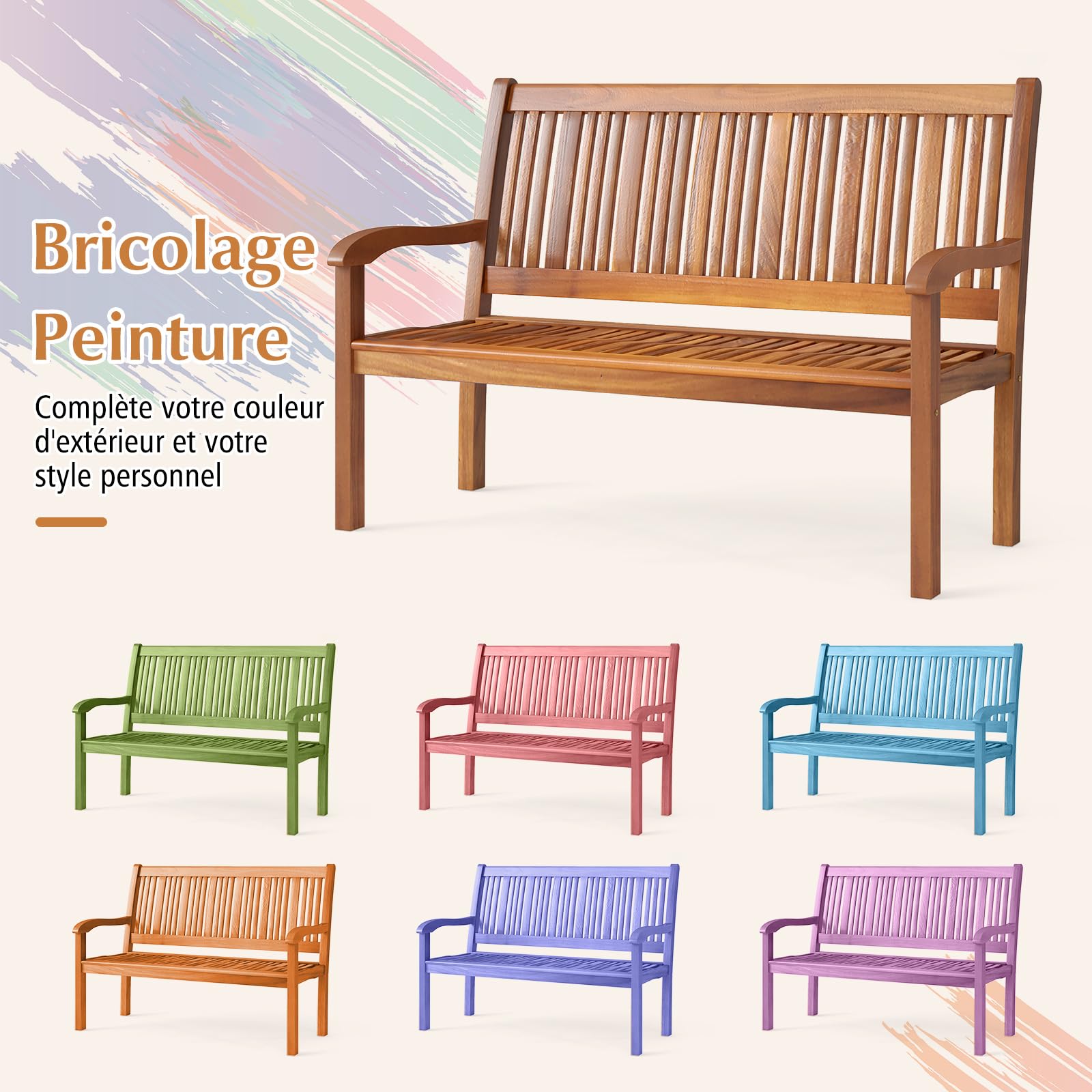 COSTWAY Banc de Jardin, Bois d’Acacia, 126 x 63 x 91 cm, Charge 322kg, 2 Personnes, Dossier Incliné, Accoudoir Incurvé, Banc Exterieur Jardin pour Terrasse Porche Cour