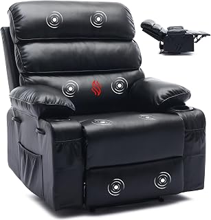 PU Leather Recliner Chair with Heat & 8-Point Massage, Extra Wide Manual Recliner for Adults, q235 Steel Frame, Side Pockets, 1.5X Comfort Arm & Back, Lazy Boy Sofa for Living Room or Bedroom - Black