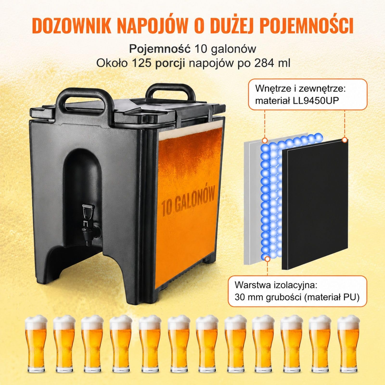 Dozownik napojów 37,6 l z LDPE, czarny pojemnik z kranikiem i uchwytami do kawy, mleka, wody i soku