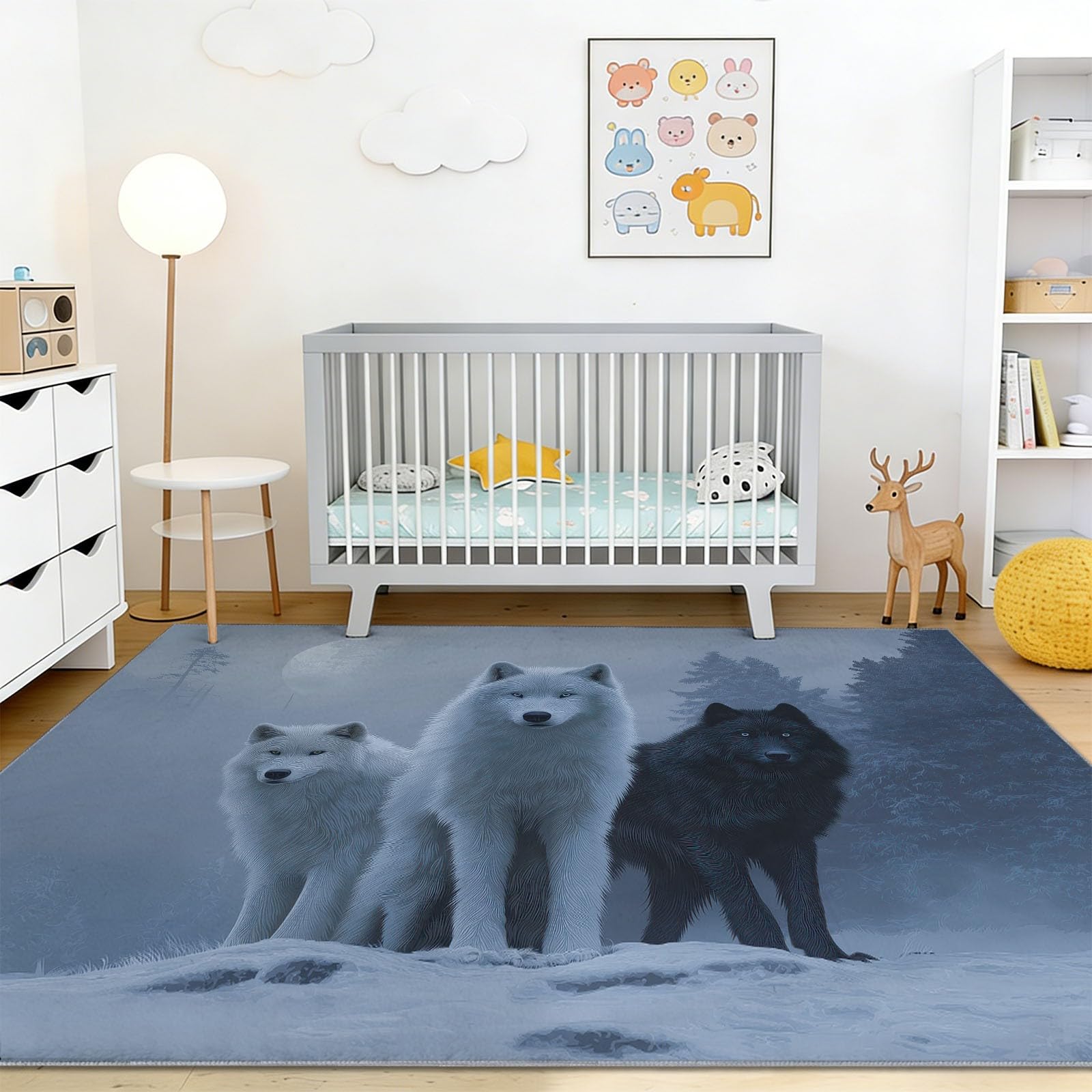 Tappeto per la cameretta dei bambini, tappeto invernale con lupi e pinete, lavabile, antiscivolo, a pelo basso, decorazione per la casa, idea regalo, 80 x 150 cm, grigio