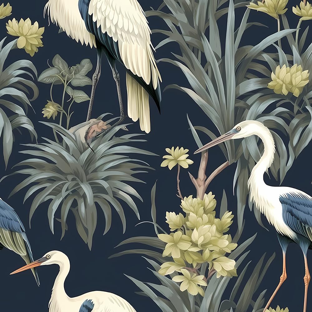 REDAMANCY Abstract Modern Crane Birds Tropical Plants Peel and Stick Wallpaper Vintage Wall Paper Stick on Contact Paper Easy Peel Off for nightstand
