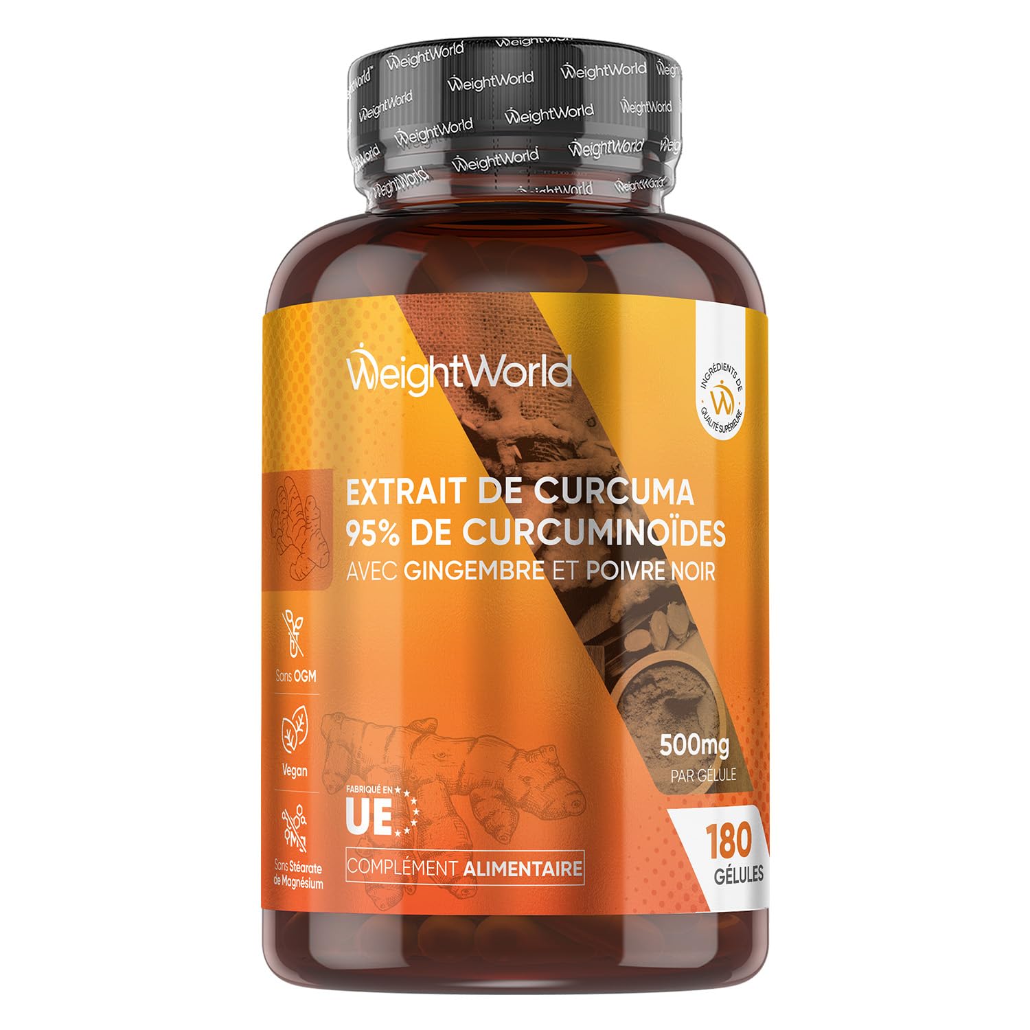 Curcuma Gingembre Poivre Noir 180 Gélules Vegan (6 Mois) - 95% Curcumine
