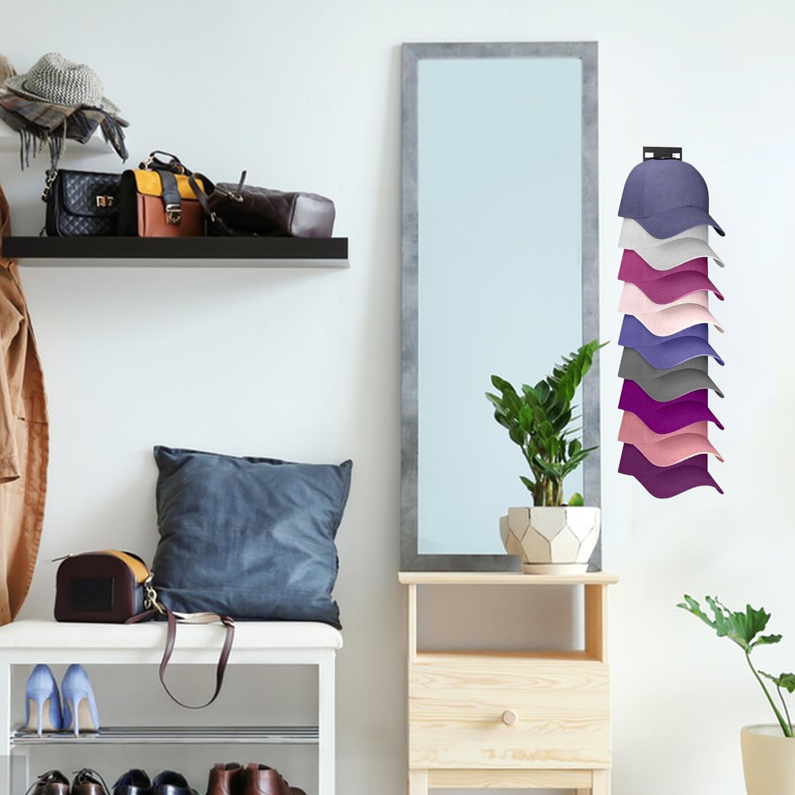2 piezas Colgador Gorras Autoadhesivo, Organizador Gorras para sombreros de pared con adhesivo fuerte, Soporta Hasta 18 Sombreros para Puerta, Armario y Dormitorio​ (Negro)