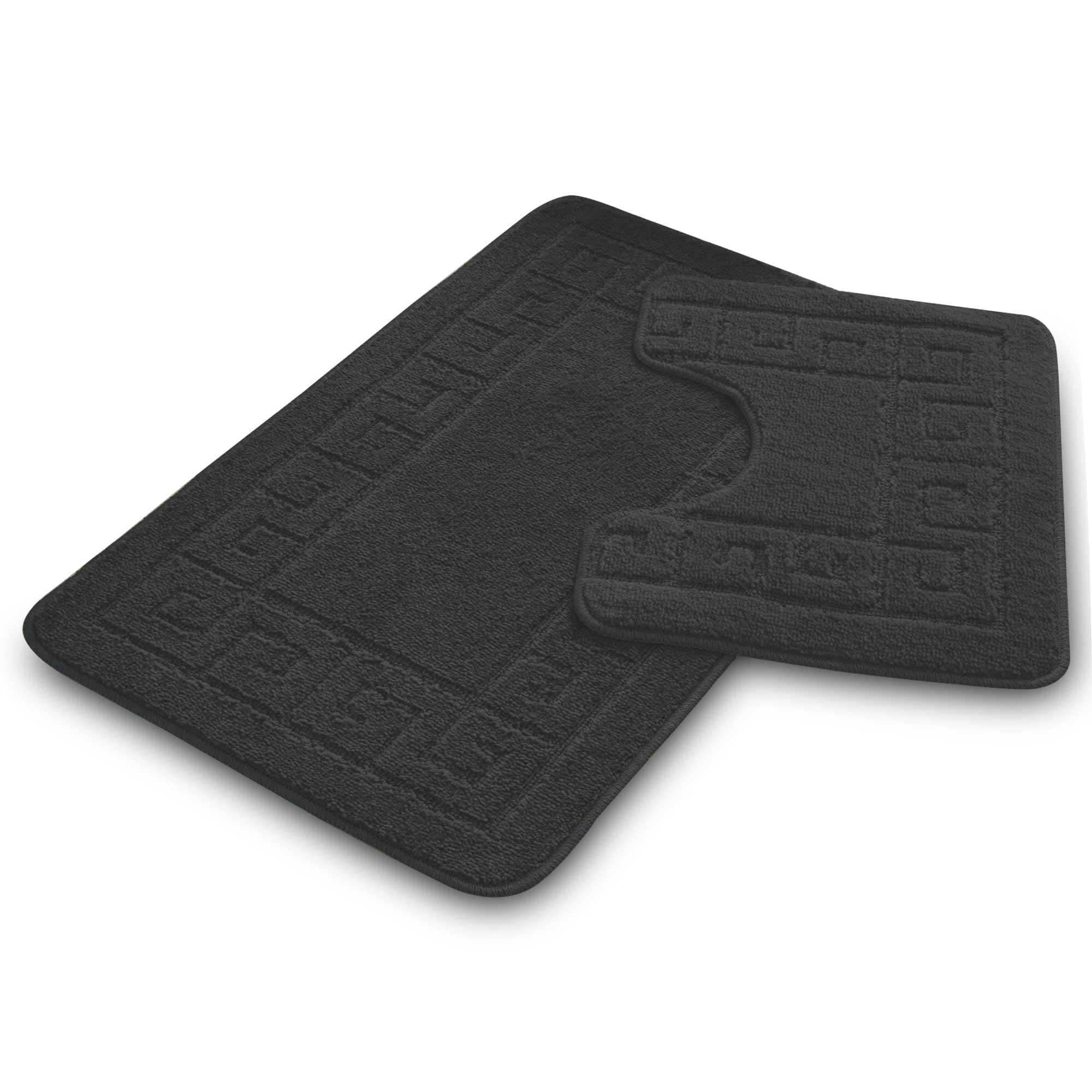 VELVETIO Bath Mat Set 2 Piece Machine Washable for Bathroom, Jacquard Greek Non Slip Quick Dry Shower Rugs & Bathtub Mats, Highly Water Absorbent 100% Polypropylene Toilet Rug Sets, Charcoal