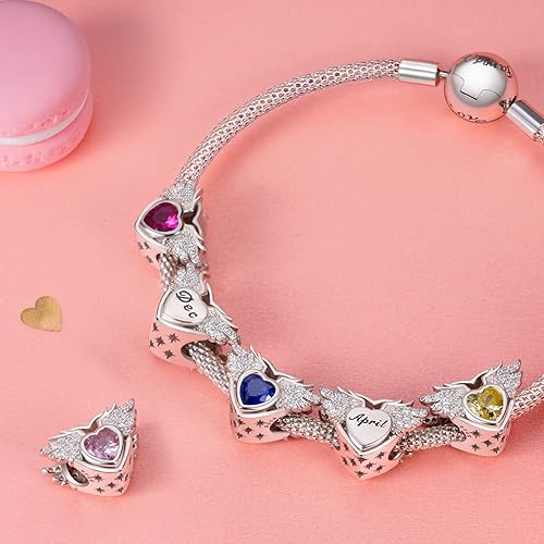 Miniatura 2 de NINGAN Dijes de piedra natal para pulsera, alas de ángel de plata de ley 925, dije de corazón de amor, regalo de joyería de cumpleaños y Navidad