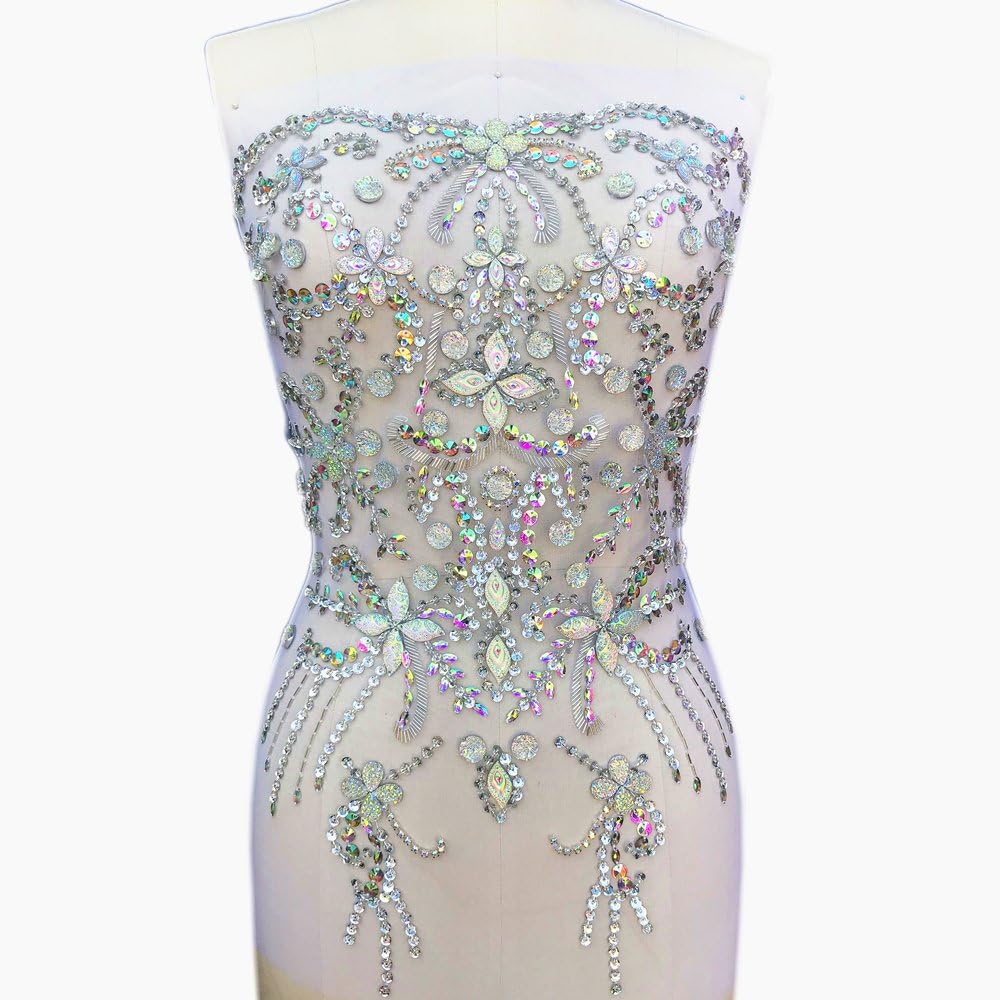 Noble Pure Handmade Big Beaded Crystal AB Color Patches Sew on Rhinestones with Stones Sequins Beads Bridal Applique Designs Patches Sewing for DIY Wedding Dress Trim 38x56cm (AB)
