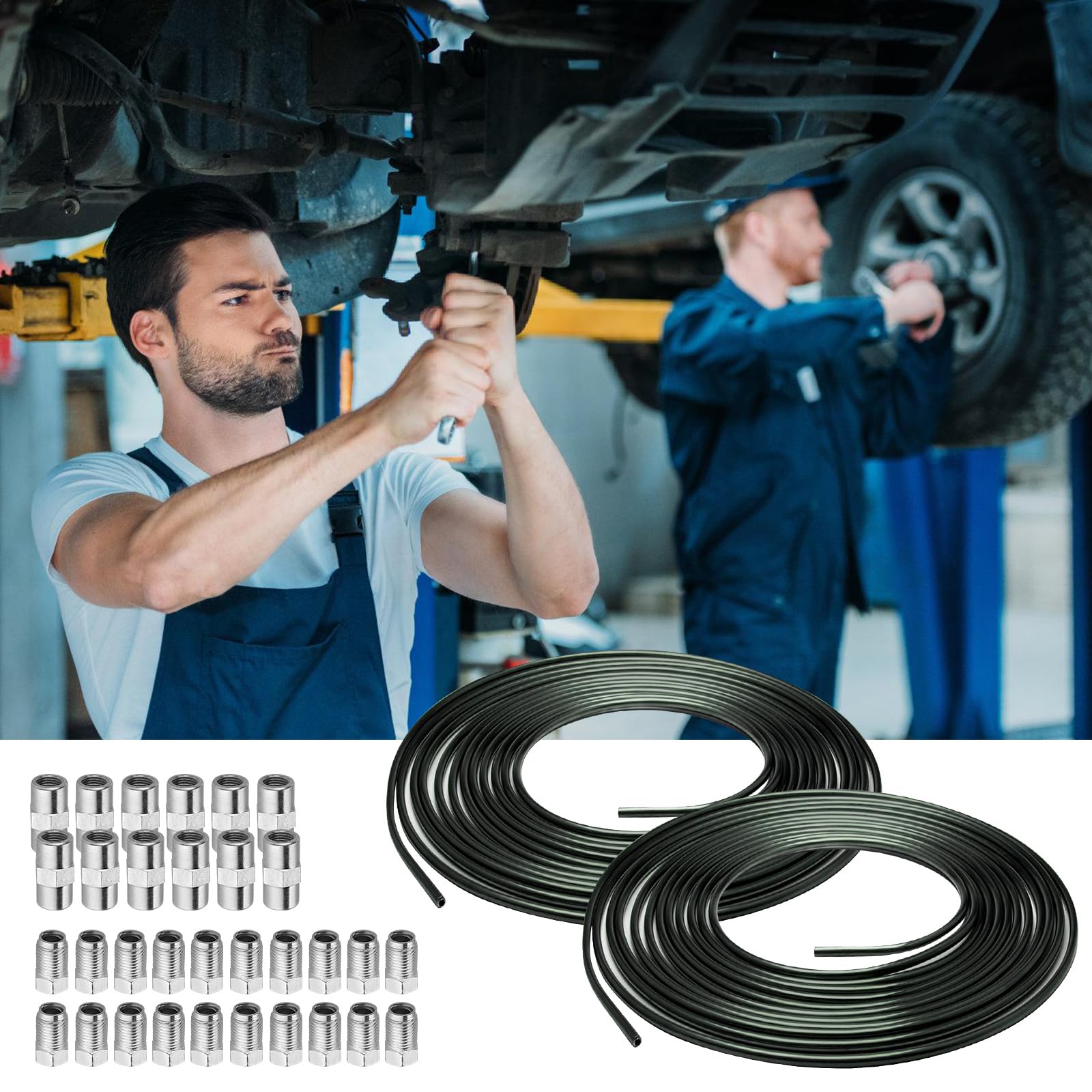 5m Tuyau de Frein Ø 4,76 mm en Acier Cuivré Revêtu, 2 Pcs Câbles de Frein avec 20 Raccords Vissés et 10 Connecteurs, Conduite Générale, Cable Frein Facile à Plier Manuellement pour Automobile