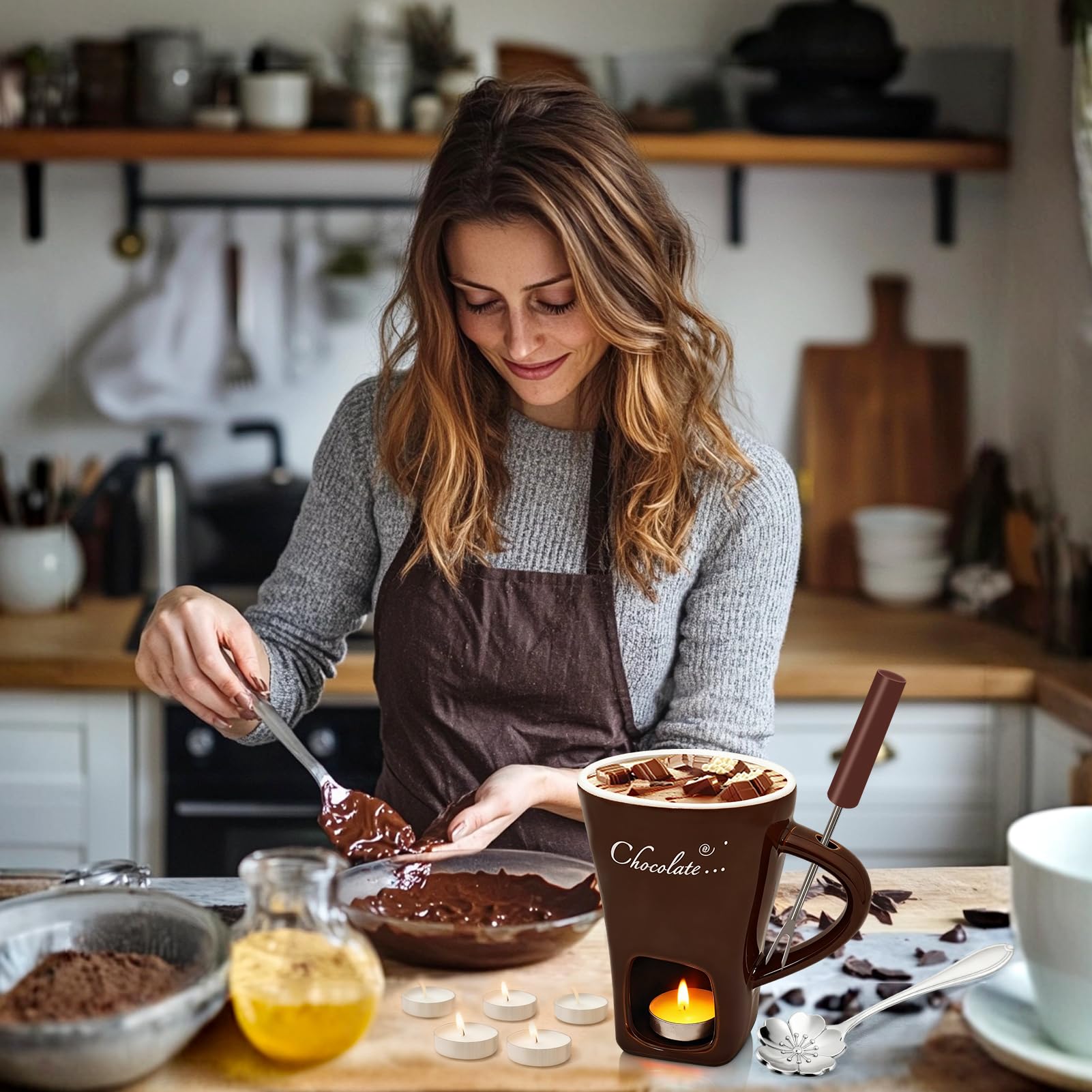 Set per fonduta di Cioccolato 200 ml in Ceramica con forchetta e tealight Marrone
