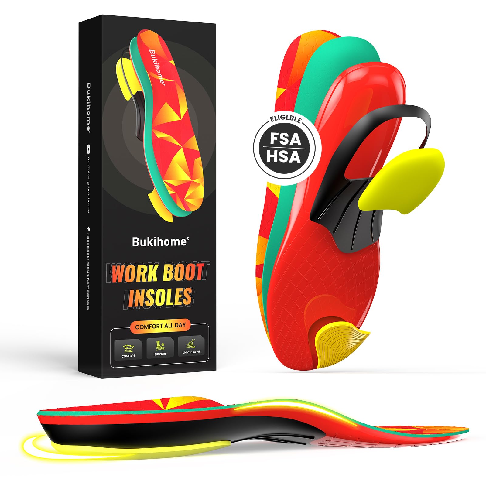 Bukihome Work Boot Insoles, Heavy Duty for Achilles Tendonitis Relief Plantar Fasciitis with Anti-Fatigue Arch Support, Shock Absorption & Heel