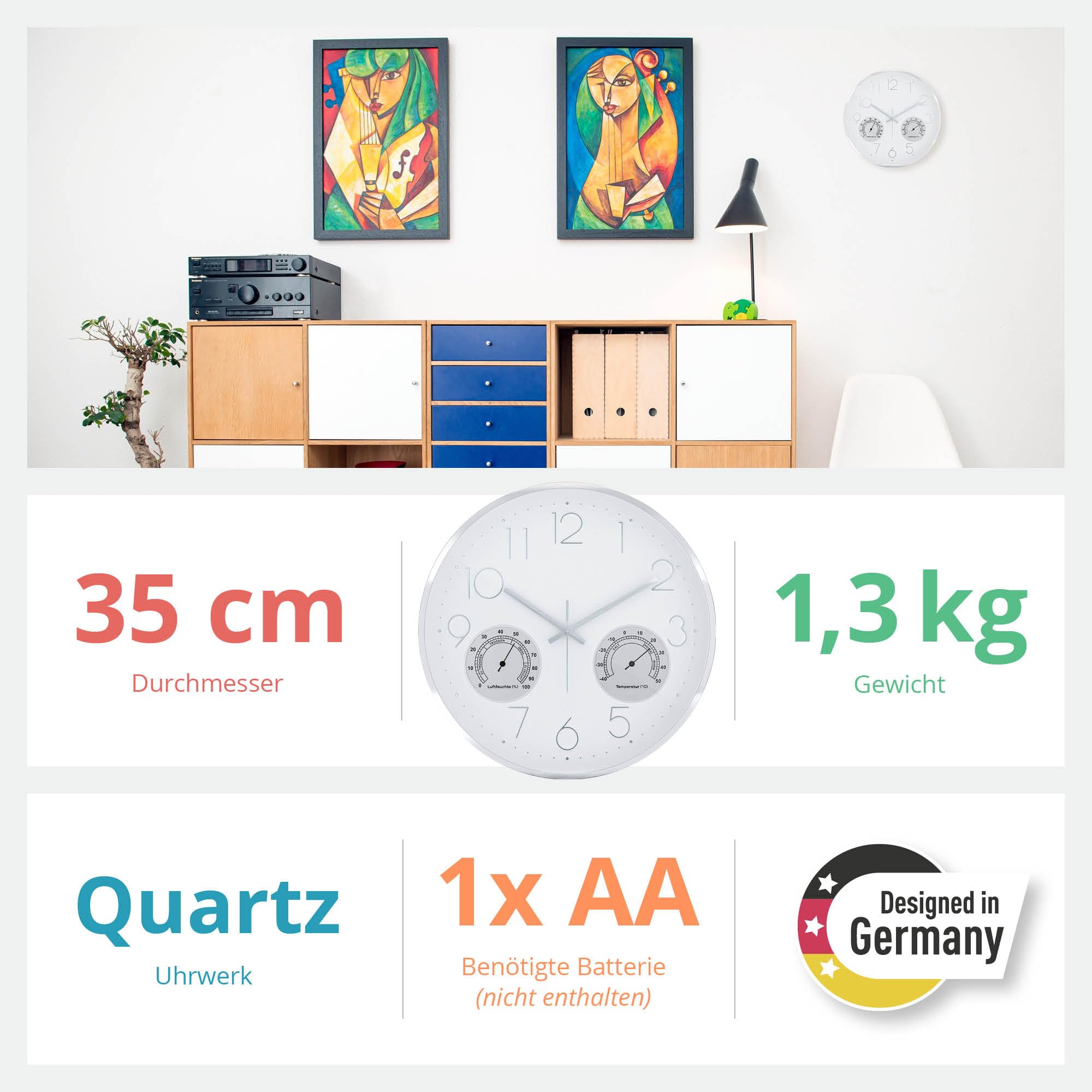 Mebus Wall Clock, Plastic Aluminium, White, 35 cm - Image 4