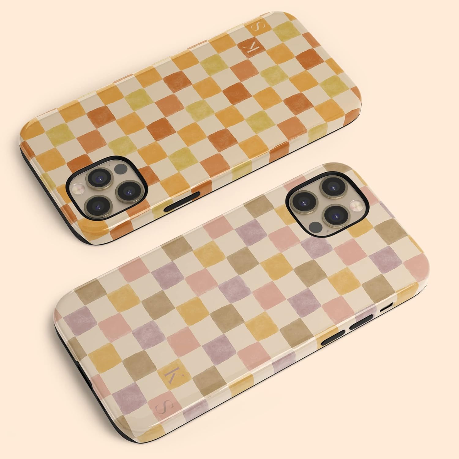 Custom Initials Retro Checkerboard Watercolor Personalized Name Case, Compatible with iPhone 17 Air, 16 Pro Max, 15 Plus, 14, 13 Mini, 12, 11, X/XS Max, XR, 7/8