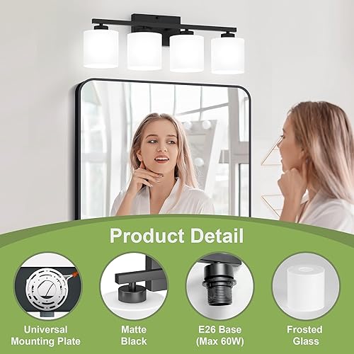 Miniatura 3 de Honesorn Luces de tocador de 4 luces, negro mate con pantalla esmerilada y acabado de níquel, iluminación moderna sobre espejo de baño