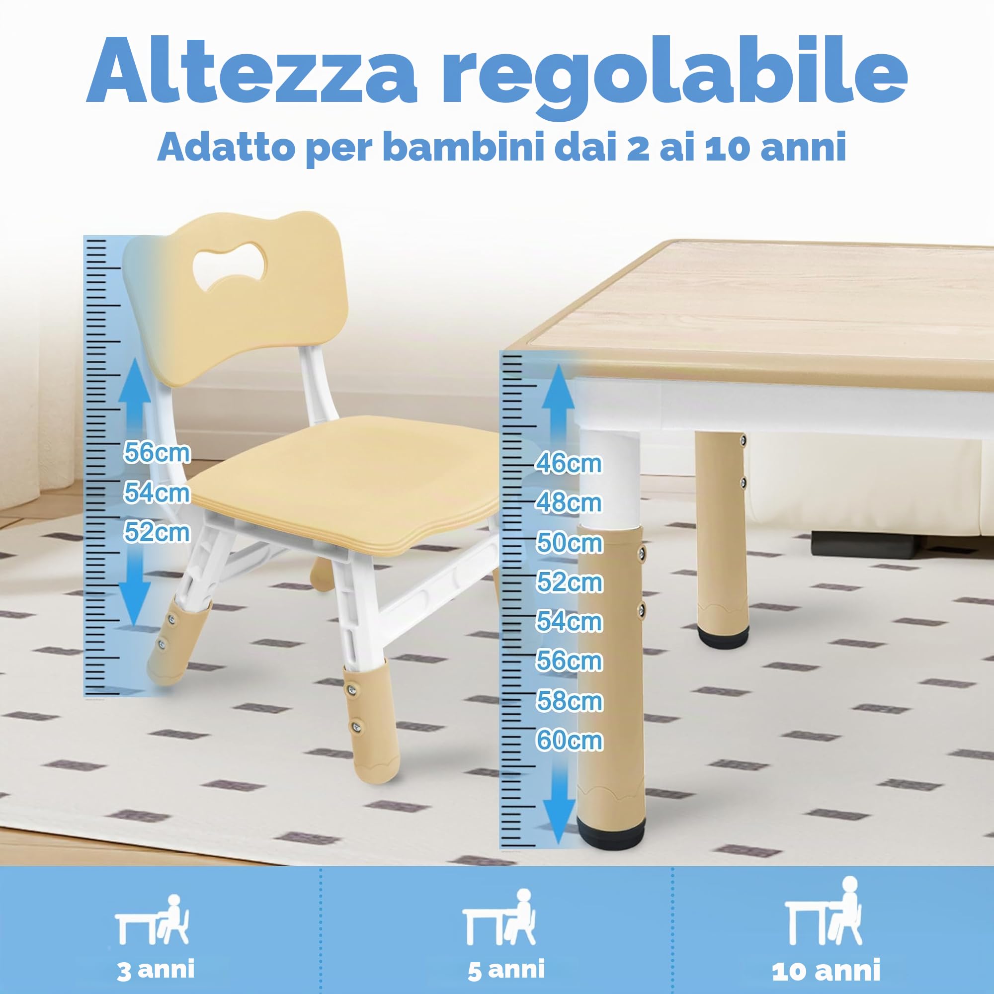 UISEBRT Tavolo per bambini con 4 sedie, set di sedili regolabili in altezza, per bambini dai 2 anni in su, tovaglietta in plastica, mobili per asilo e cameretta dei bambini (colore legno
