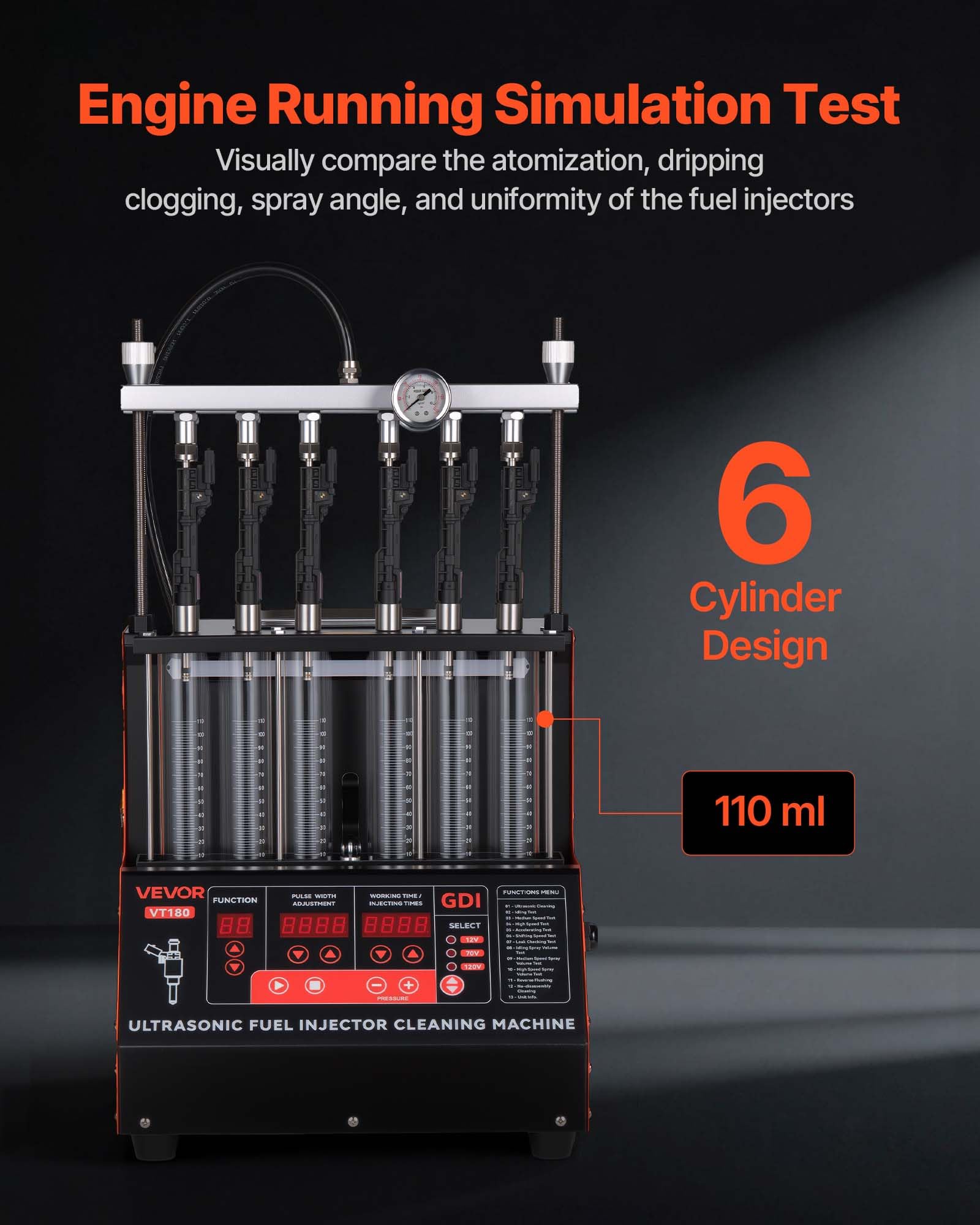 VEVOR Limpiador de Inyectores de Combustible de 6 Cilindros Máquina de Limpieza Ultrasónica 28 kHz Ajustable a 12 V/70 V/120 V para EFI/FSI/GDI, con Válvula de Drenaje para Coches, Motocicletas