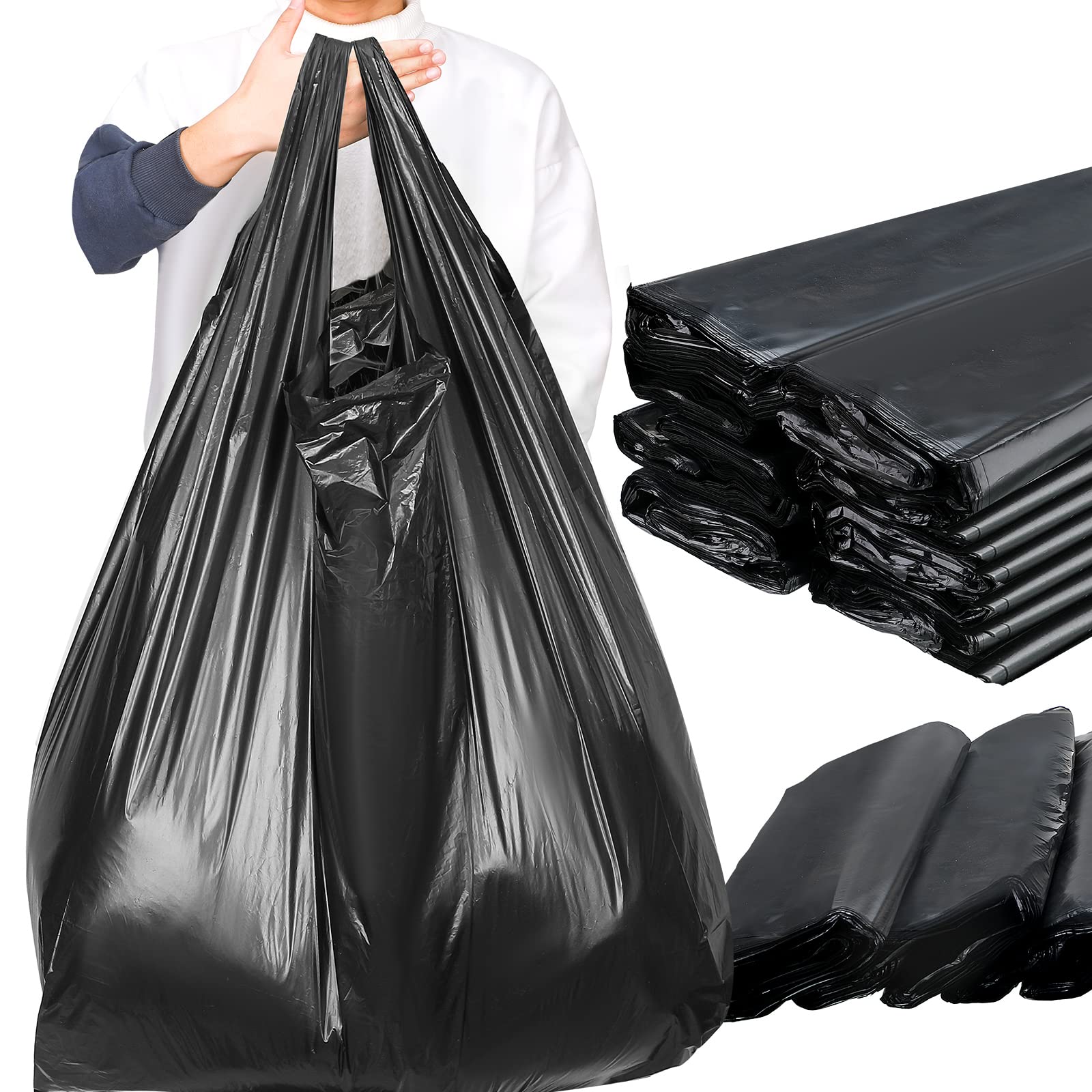 Kisston 400 Count Jumbo Size Plastic T Shirt Bags with Handles, 35 Mic, XX Large Plain Plastic T Shirt Grocery Bags, Thick and Heavy Duty (Black,32" x 19")