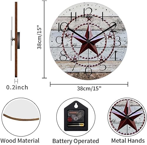 Miniatura 10 de Reloj de pared redondo de 12 pulgadas con estrella del oeste de Texas reloj de pared decorativo reloj de madera rústica sin tictac funciona con