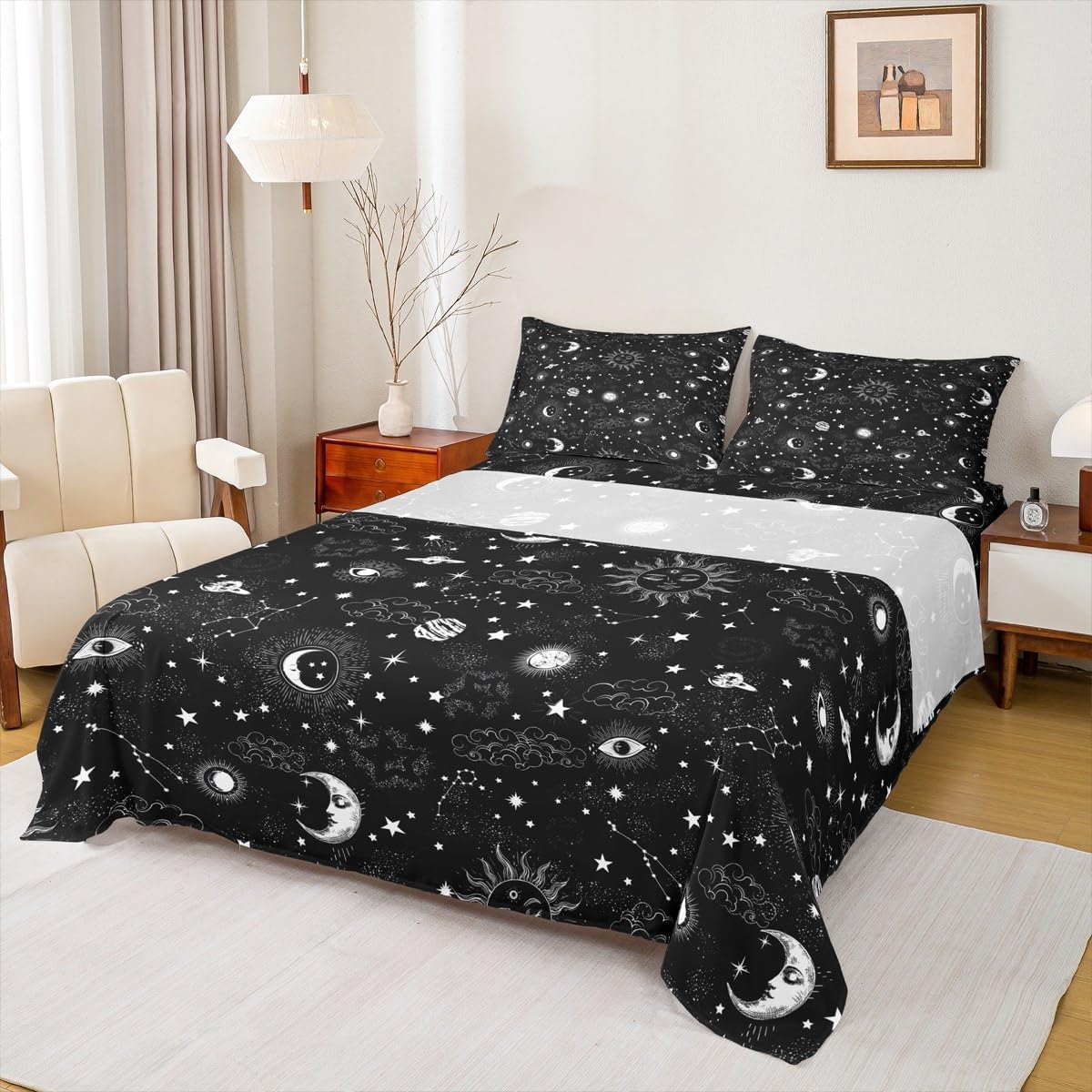 Sun Moon Bed Sheets King Size,Starry Galaxy Boho Hippie Constellation,Quality Brushed Microfiber Luxury Bedding Set with Flat,Fitted Sheet,2 Pillow Cases