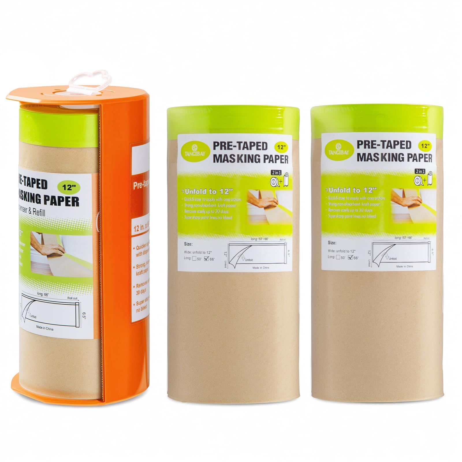 Papel de enmascarar precintado con dispensador, papel de pintor de 12 pulgadas x 66 pies y cinta adjunta para pintar casa, rollo de papel de enmascarar pintura automotriz para ventanas, automóviles