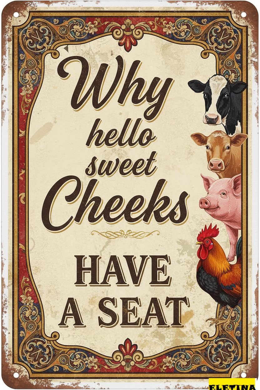 Hello Sweet Cheeks Farm Animals Tin Sign, 8x12 Inch