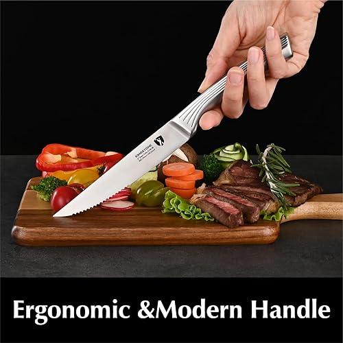 Miniatura 5 de KINGSTONE Juego de 6 cuchillos de carne de 5 pulgadas de acero inoxidable alemán dentado con caja de regalo, aptos para lavavajillas (6, plateado)