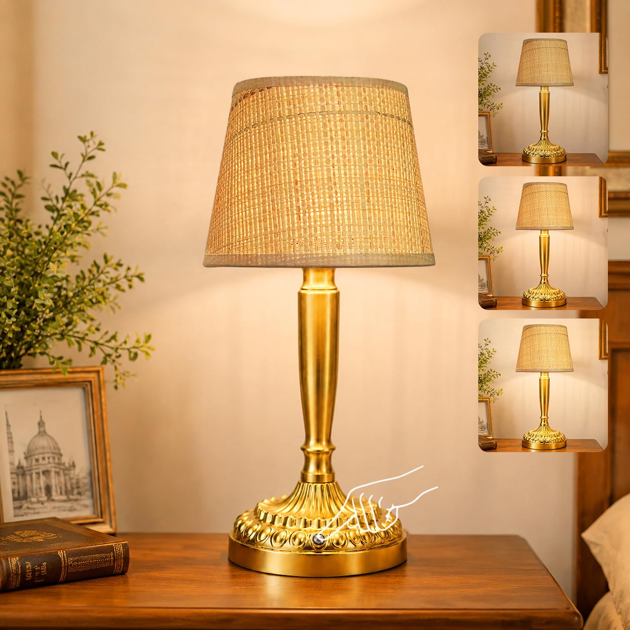 Luxcolyn Boho Rechargeable Table Lamp, Touch Control Battery Lamp with Rattan Shade, 2700K Warm Light Dimmable, Gold Cordless Table Lamps for Living Room, Bedroom, Dining Room, Home Office