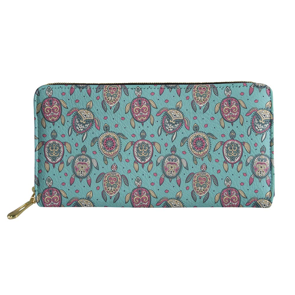 Coloranimal Kawaii Sea Turtle Puzzle Long Leather Wallet Zipper Around Credit Name Cards Organizer for Women Ladies Big Capacity Clutch Purse