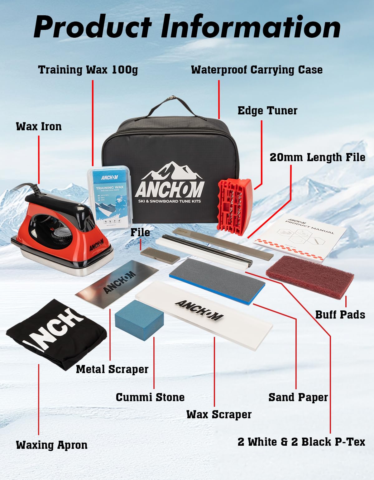 ANCHOM Ski Snowboard Tuning Kit, Complete Ski Snowboard Waxing Kit with Waxing Iron, Wax, Edge Tools, Carry Bag, Base Repair, Professional Tuning Equipment