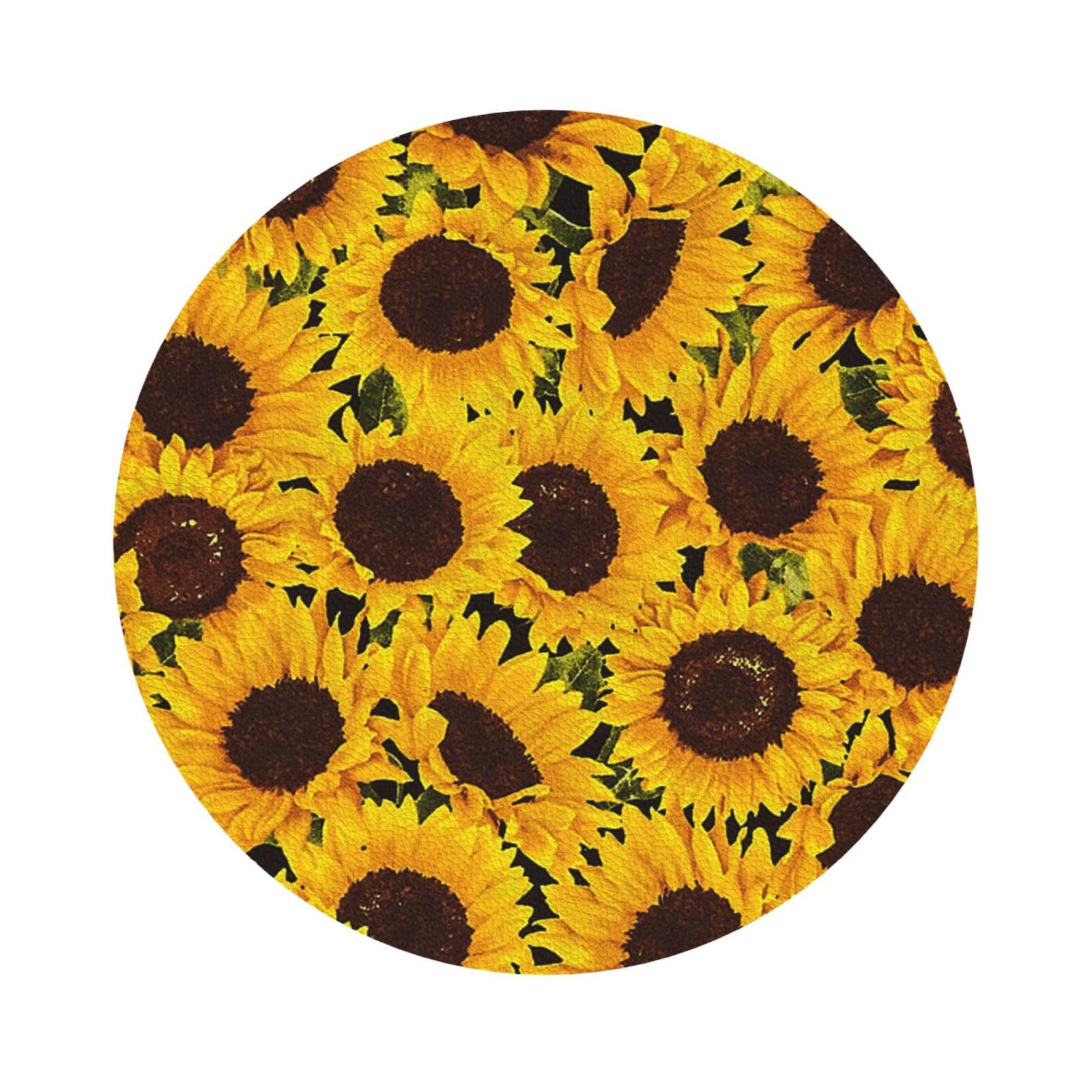 Yellow Sunflowers PU Leather Coasters Set of 6 Round Drink Coasters