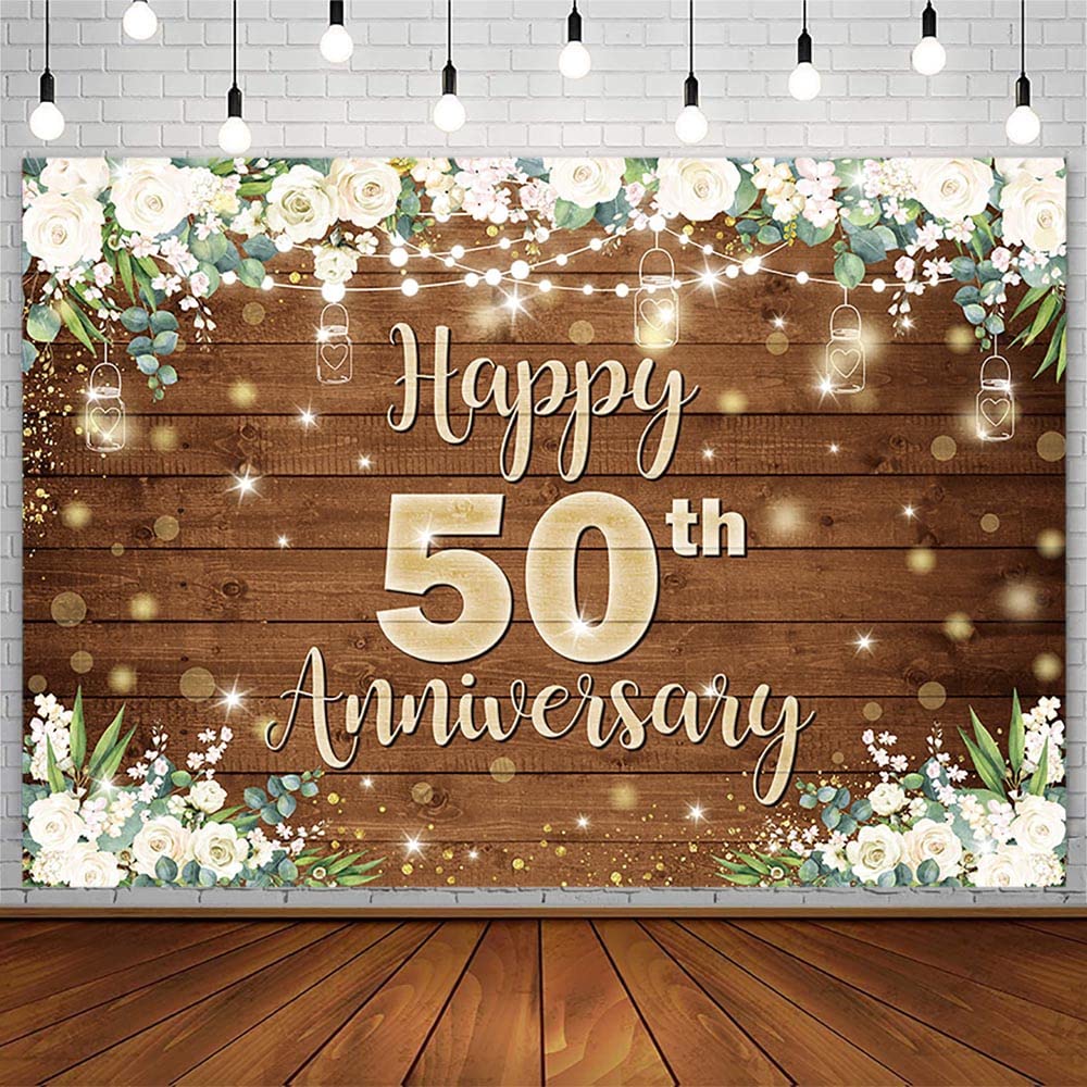 AIBIIN 7x5ft Happy Anniversary Backdrop for Couple Cheers to 50th Wedding Birthday Party Decorations White Floral Vintage Board Wood Photography