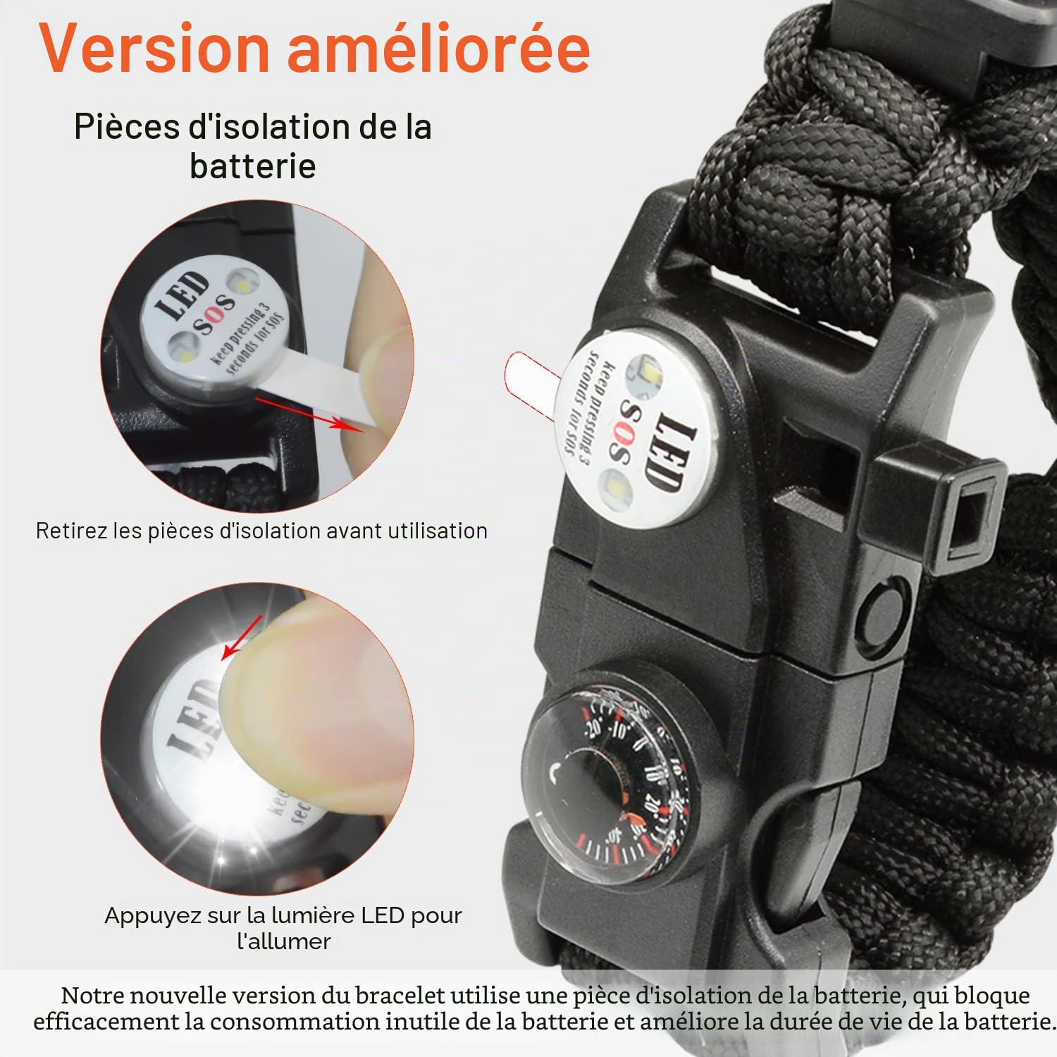 Bracelet de survie 21 en 1 réglable avec lumière LED SOS, allume-feu, boussole, sifflet de survie, parfait pour le camping, la randonnée, la pêche (noir, 3 pièces)