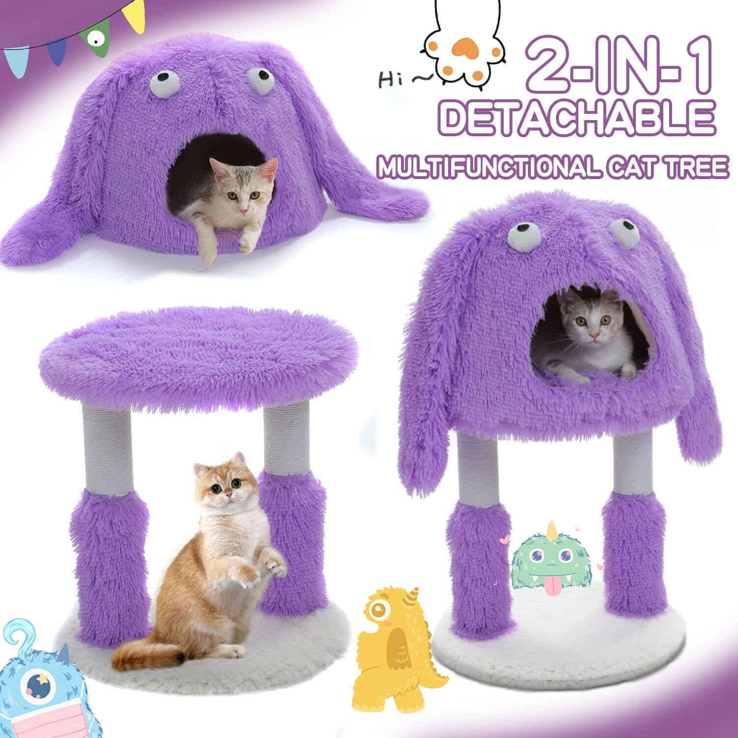 review PAWZ Road Monster-Themed Cat Tree Cute, 2 in 1 Cat Scratching Post with Big Cozy Condo, Artistic Modeling Cat Tower with a Soft Removable Cat Bed for Indoor Cats, 27.6