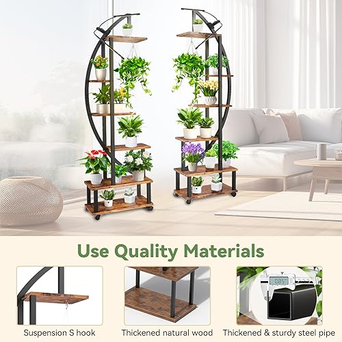 Miniatura 5 de 2 soportes de metal de 6 niveles altos para plantas de interior con luz de crecimiento, estante grande en forma de media luna y ruedas desmontables,