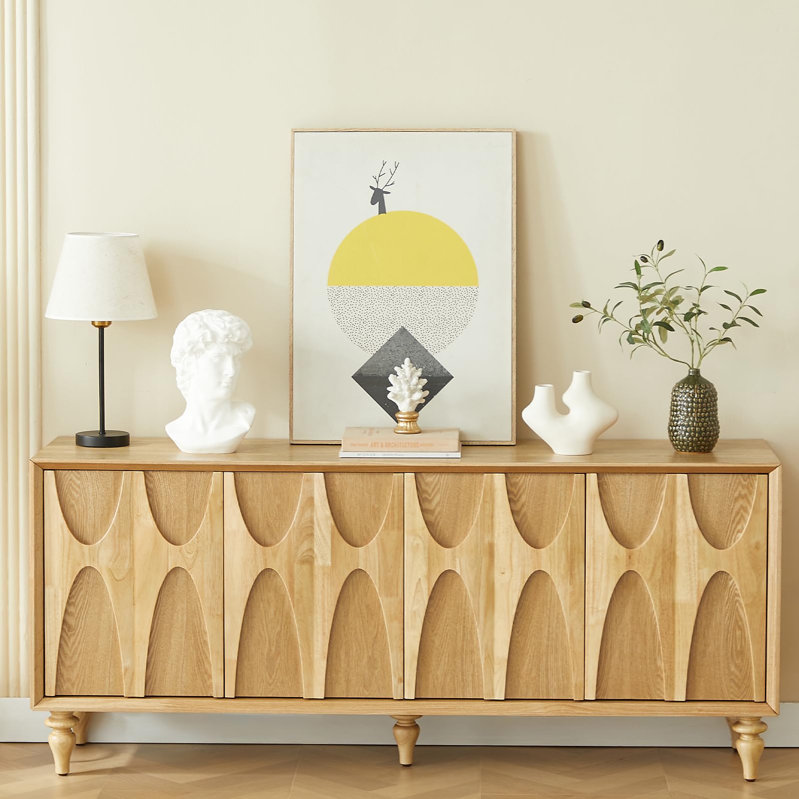 62.99" Sideboard Buffet Cabinet with Storage, Solid Wood Kitchen Storage Cabinet Credenza Accent Console Table with Solid Wood Roman Legs Dovetail Door Trim Panel Ash Veneer,Natural Oak