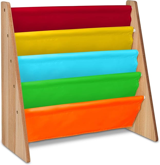 Fineway. 4 Tier Kids Book Storage Rack Wooden Sling Bookshelf Childrens Bookcase Shelves  With Soft Nylon Fabric  Ideal Story Books Organiser For Your Little ones. - Multi Coloured