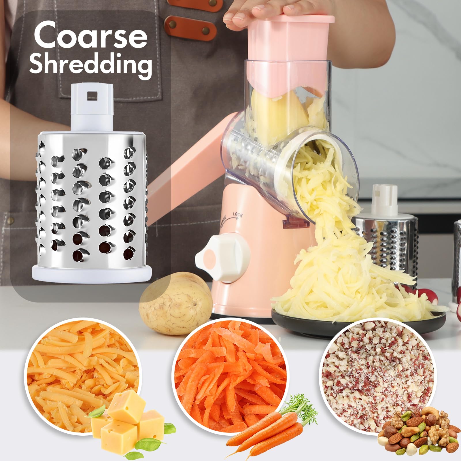 Rallador giratorio de queso con mango, cortador de cocina redondo de mandolina de velocidad, triturador de verduras multifuncional 3 en 1, molinillo manual de nueces para frutos secos, patata