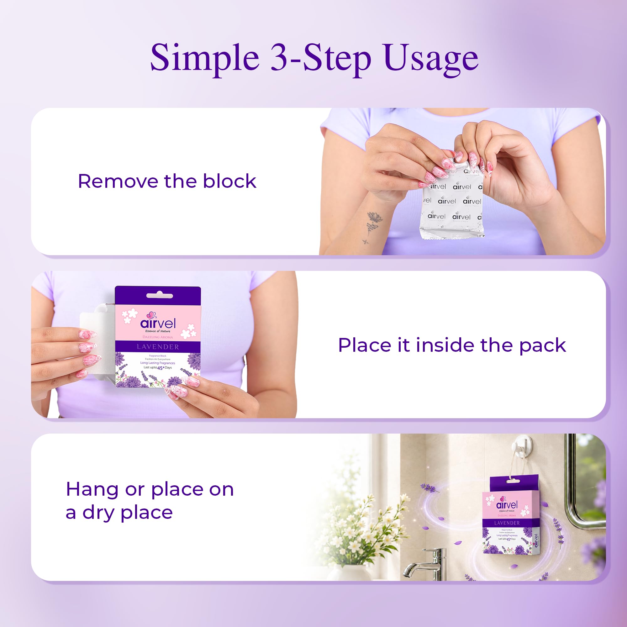 Airvel Lusty Lavender Fragrance Block | Non-Toxic, Safe | Long-Lasting Freshness | Up to 45 Days Pack of 5 (75g Each) 4