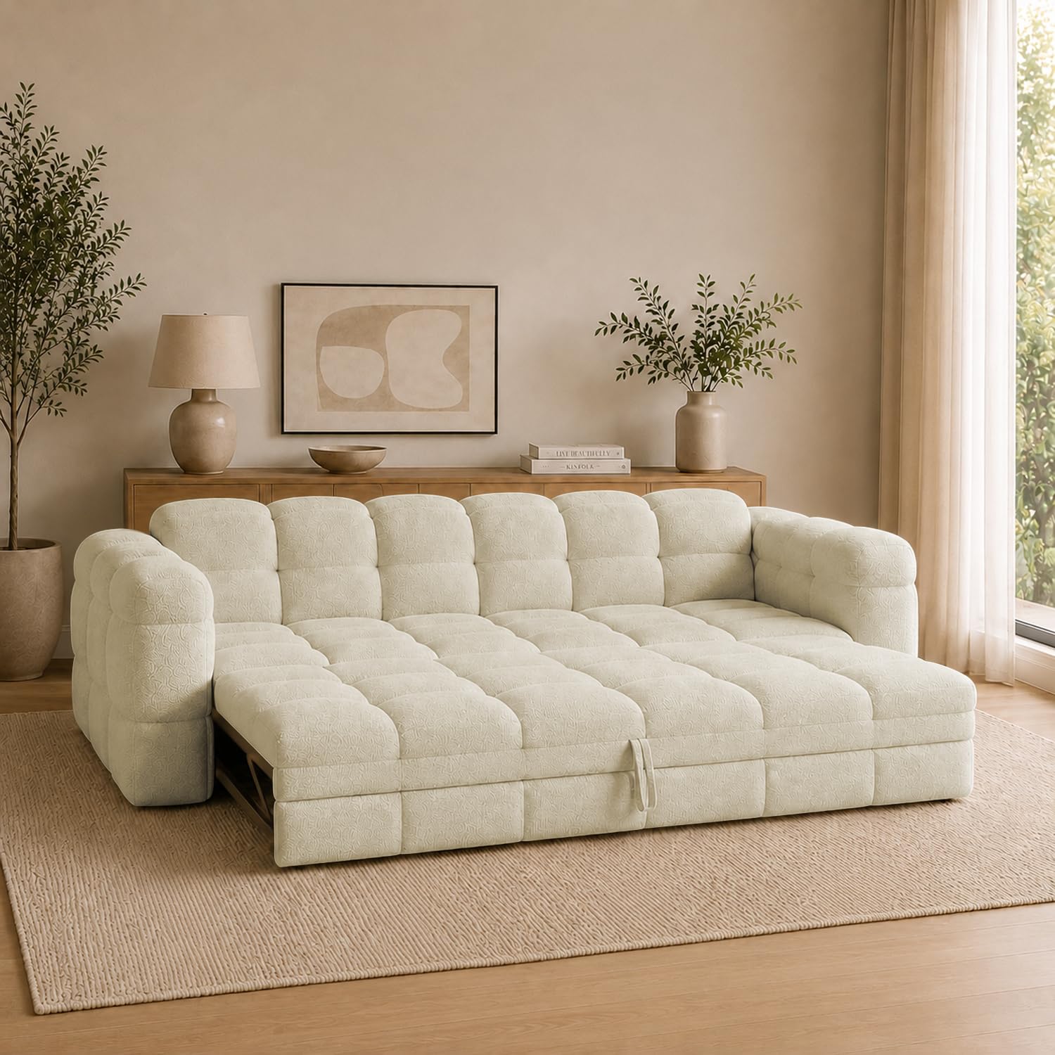 Eren 3 Seater Modern Velvet Bubble Cloud Sofa Cum Bed, Tufted Design Upholstered for Living Room (Cream Fabric) Premium Fabric Sofa-image-29