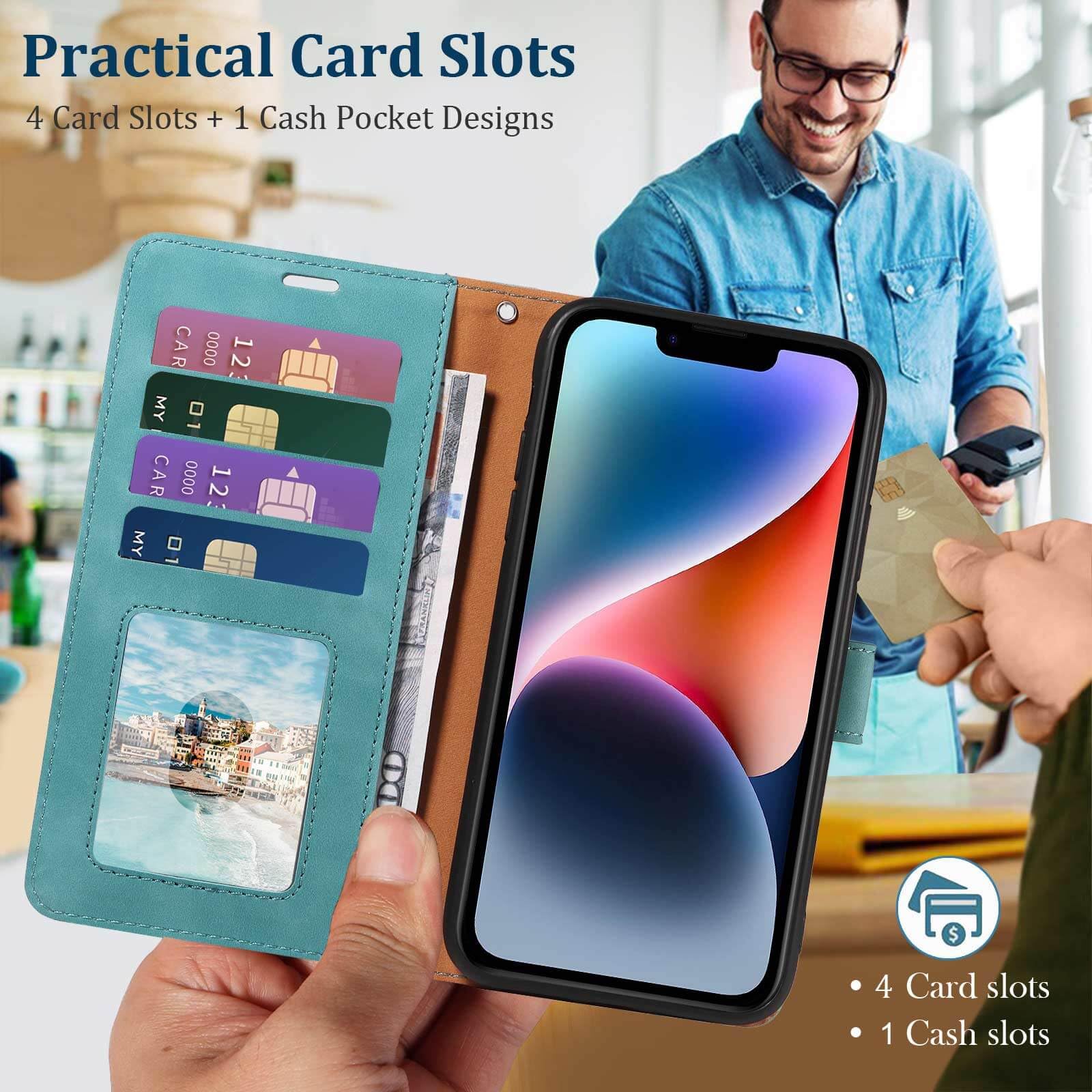 GOTOURED for iPhone 14 Phone Case Wallet, RFID Blocking 4 Card Slots, Wrist Strap, Kickstand, Magnetic Closure - Image 2