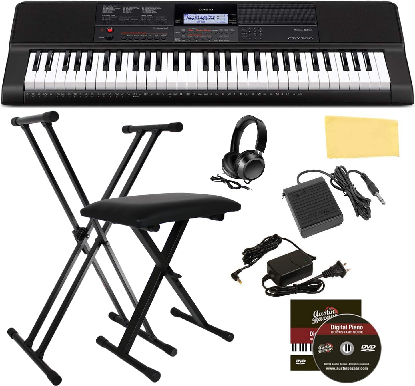 CasioCasio CT-X700 Portable Keyboard Bundle with Adjustable Stand, Bench, Headphones, Sustain Pedal, Power Supply, Instructional DVD, and Austin Bazaar Polishing Cloth