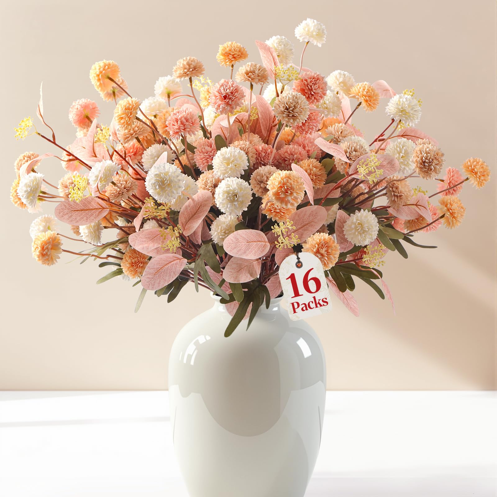 Alupssuc 16 PCS Faux Flowers for Vase Artificial Silk Mums with Eucalyptus, Fake Chrysanthemum Floral with Adjustable Long Stem for Dining Table Centerpiece Home Decoration Indoor, image 2