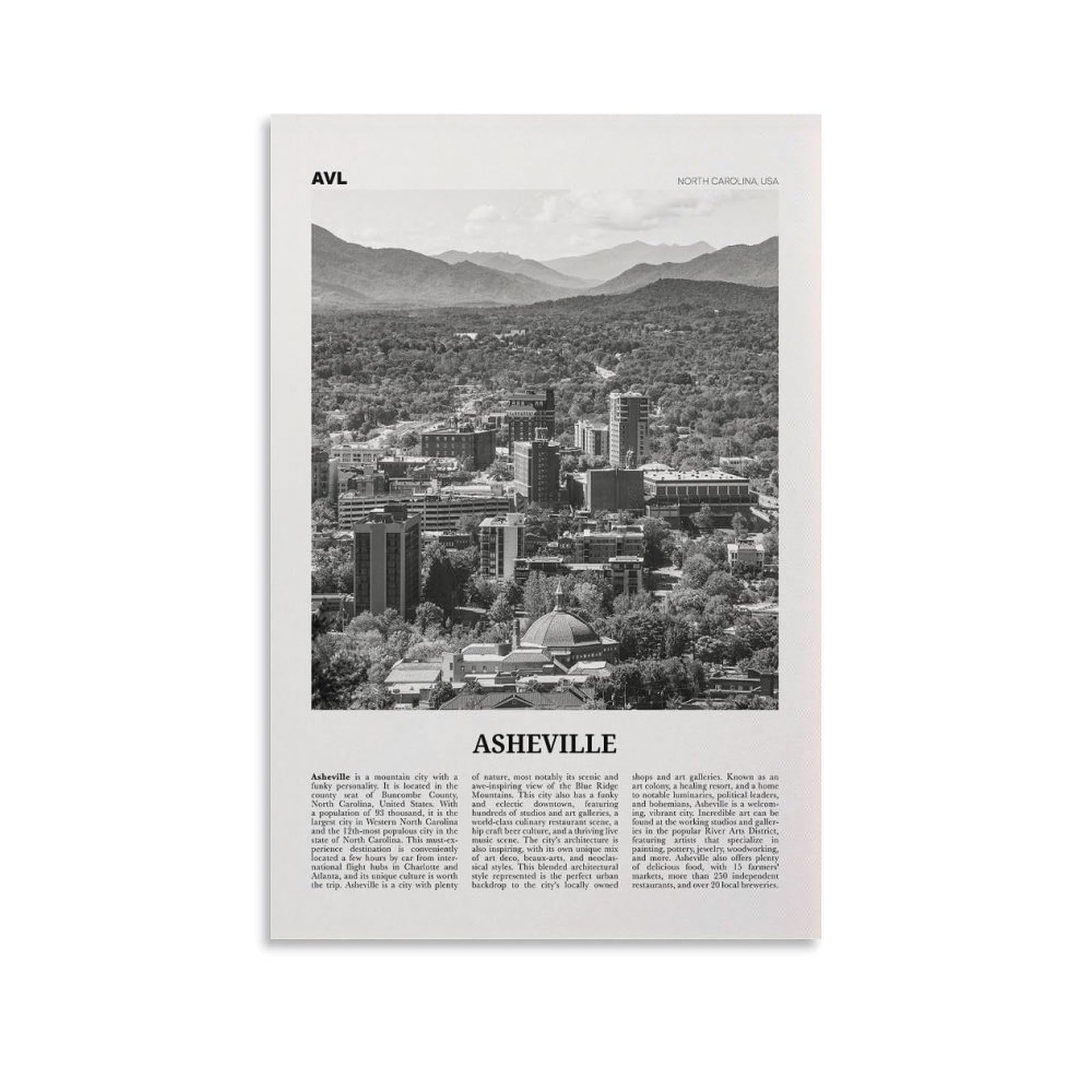 LZTEN Asheville Print - Black And White Sky, Wall Art, Poster, Photo - North Carolina, USA - Canvas Wall Art