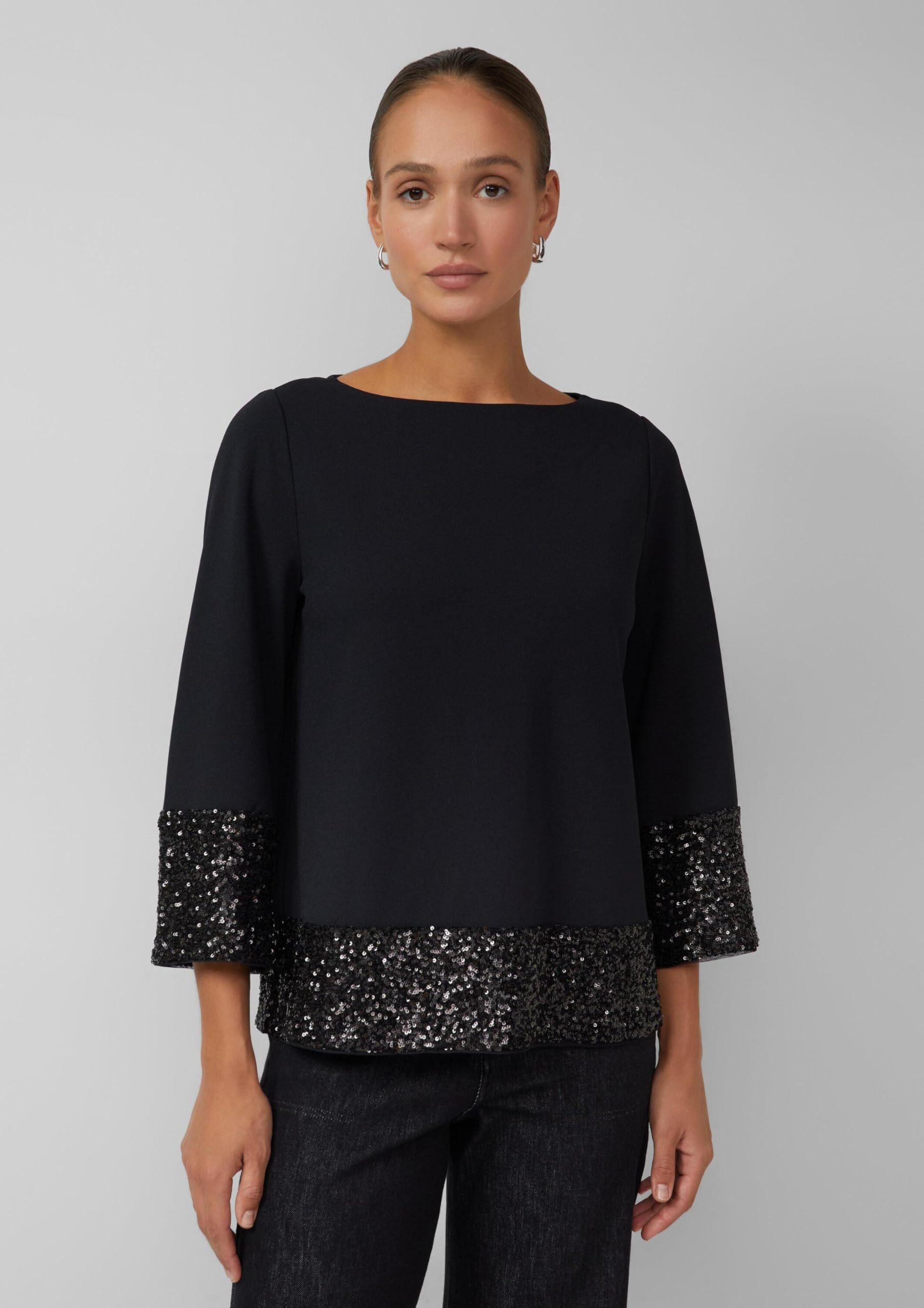 s.Oliver Damen Bluse – Regular Fit, Pailletten, U-Boot-Ausschnitt