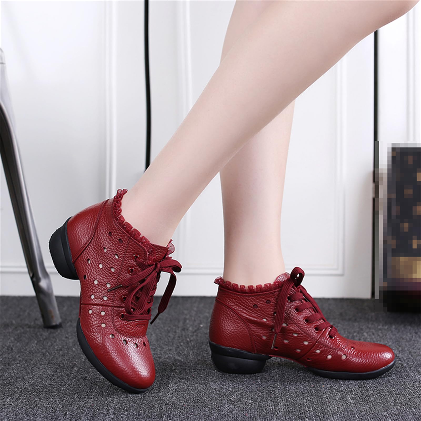 Scarpe da Jazz da Donna Stivali da Ballo in Pelle Tacco Basso Lacci Suola Divisa Stivali da Ballo Latino Moderni da Palcoscenico