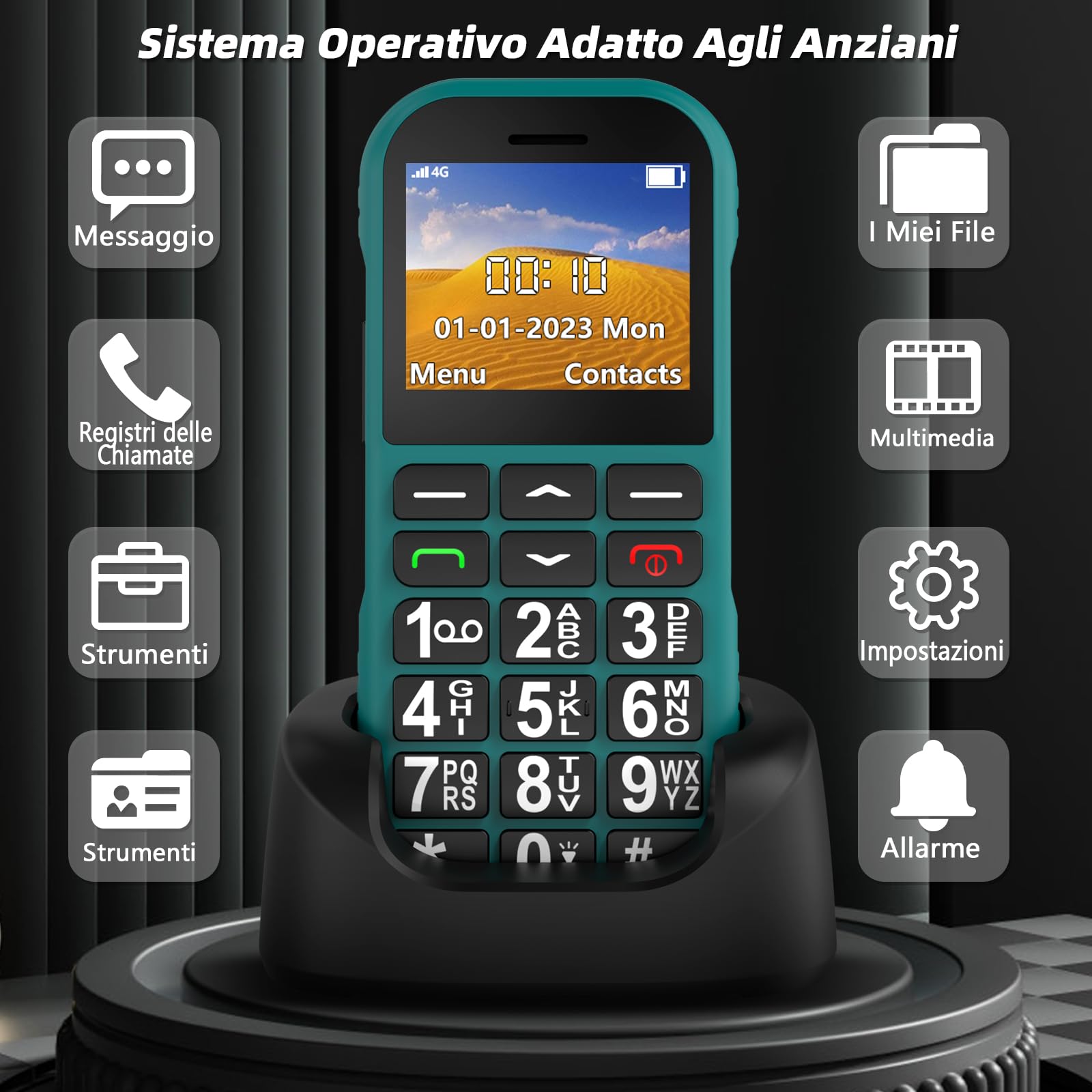 4G Telefono Cellulare per Anziani con Tasti Grandi | USB Tipo C Ricarica Rapida | 1800mAh Batteria | Volume Alto| Funzione SOS | Base di Ricarica | Chiamata Rapida | Sveglia | Facile da Usare | Verde