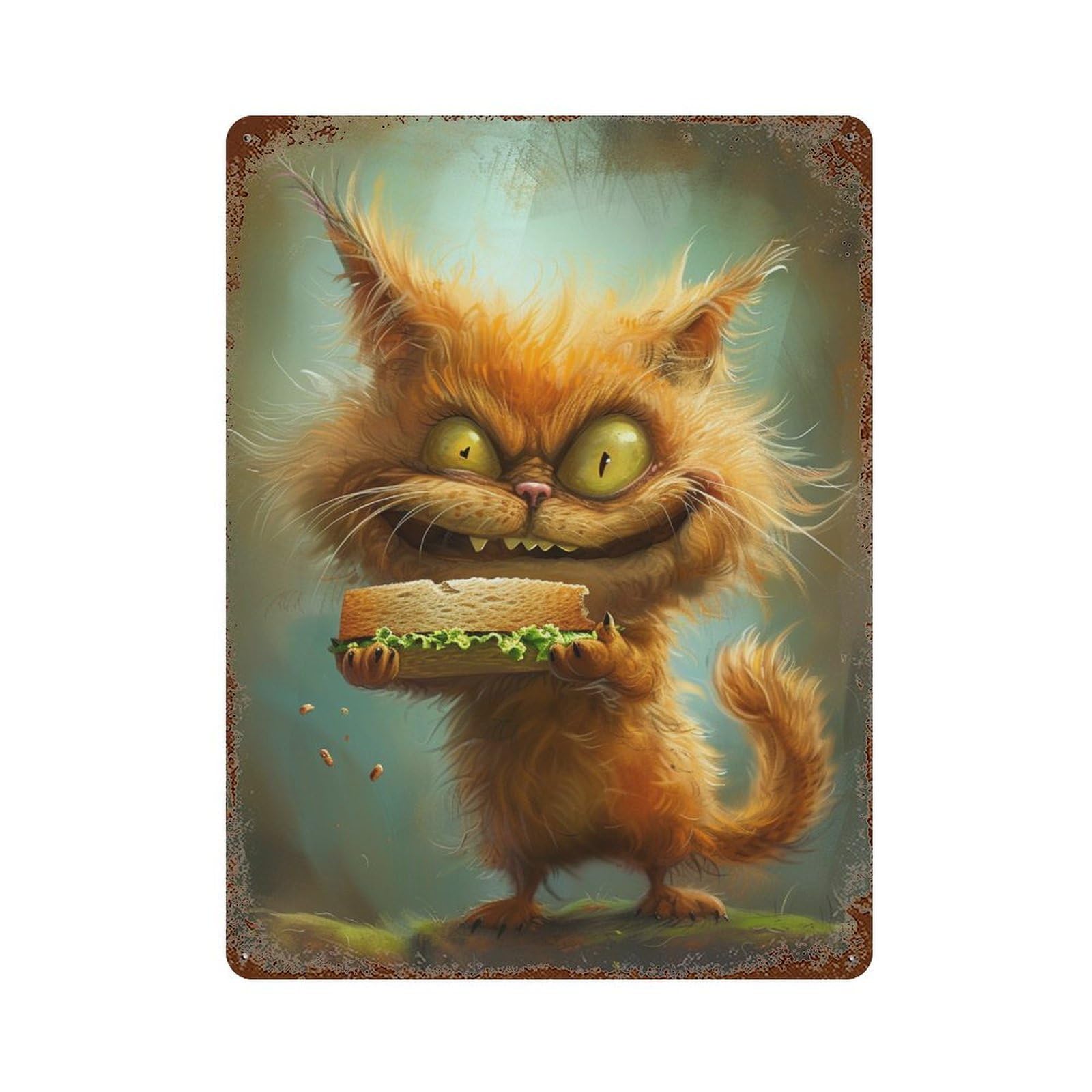 Garage Style Grumpy Cat with Sandwich Distressed Metal Wall Sign 15.7"x11.8", Classic Wall Plaque for Bar And Workshop