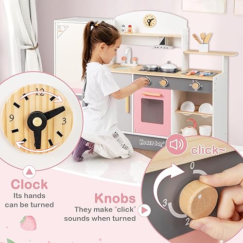 Miniatura 2 de HONEY JOY Juego de cocina para niños, cocina de madera 3 en 1 para niños pequeños, refrigerador y parrilla de barbacoa, campana extractora, estante