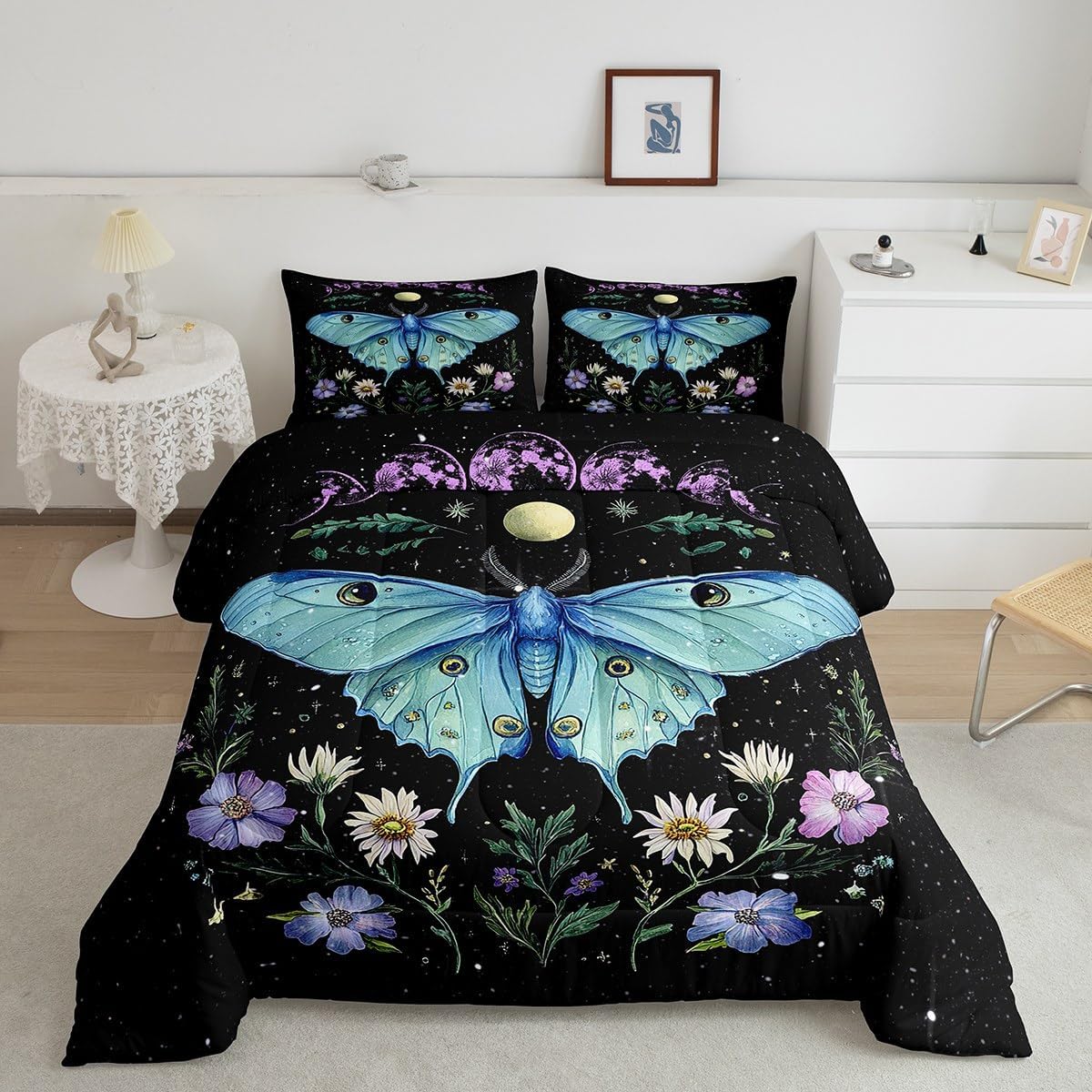 Feelyou Death Moth Comforter Set Twin Size Kids Gothic Comforter for Boys Teens Sun Moon Bedding Set Breathable Boho Moth Duvet Set Room Decor Botanical Floral Printed Quilt Set