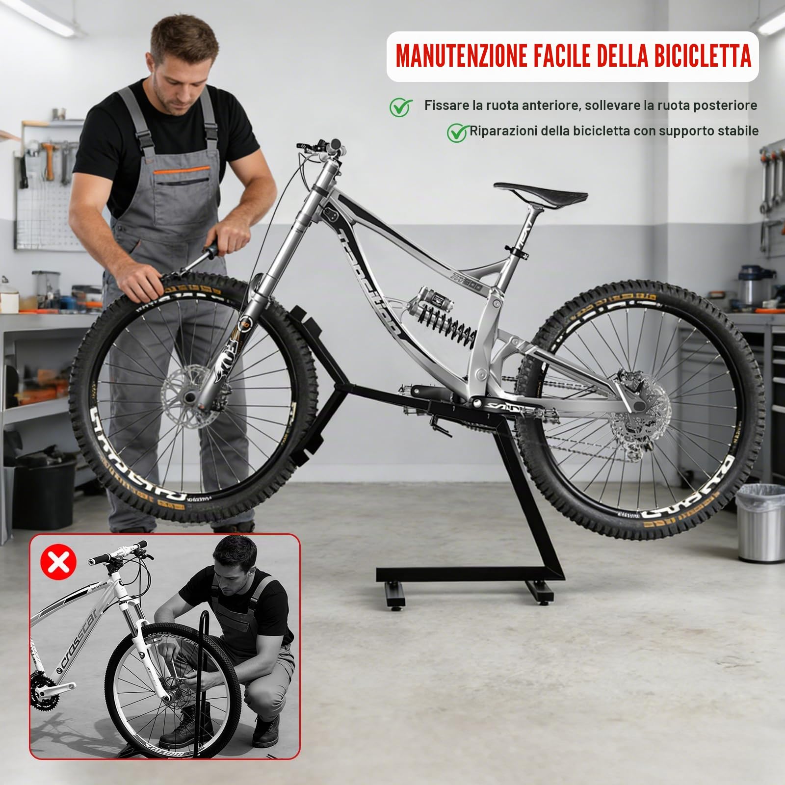 Cavalletto posteriore 2 in 1 per riparazione e stoccaggio, supporto stabile per mountain bike e bici elettriche fino a 45 kg, struttura in metallo con fissaggio anteriore della ruota, regolabile per